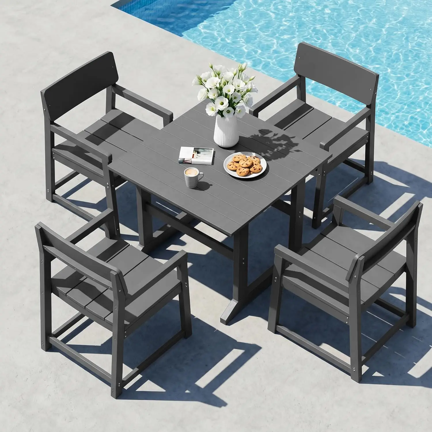 5 Piece Patio Dining Set All Weather HDPE Table & Chairs for 4 Garden Lawn Backyard Poolside Grey, Customized
5 Piece Patio Dining Set All Weather HDPE Table & Chairs for 4 Garden Lawn Backyard Poolside Grey, Customized