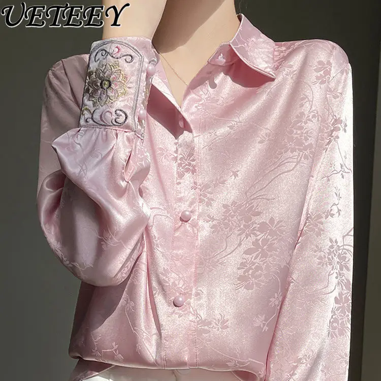 Chinese Style Satin Embroidered Shirt Women Spring Summer New Retro Top Polo Collar Long Sleeve Shirts Office Lady Blusas Mujer
Chinese Style Satin Embroidered Shirt Women Spring Summer New Retro Top Polo Collar Long Sleeve Shirts Office Lady Blusas Mujer