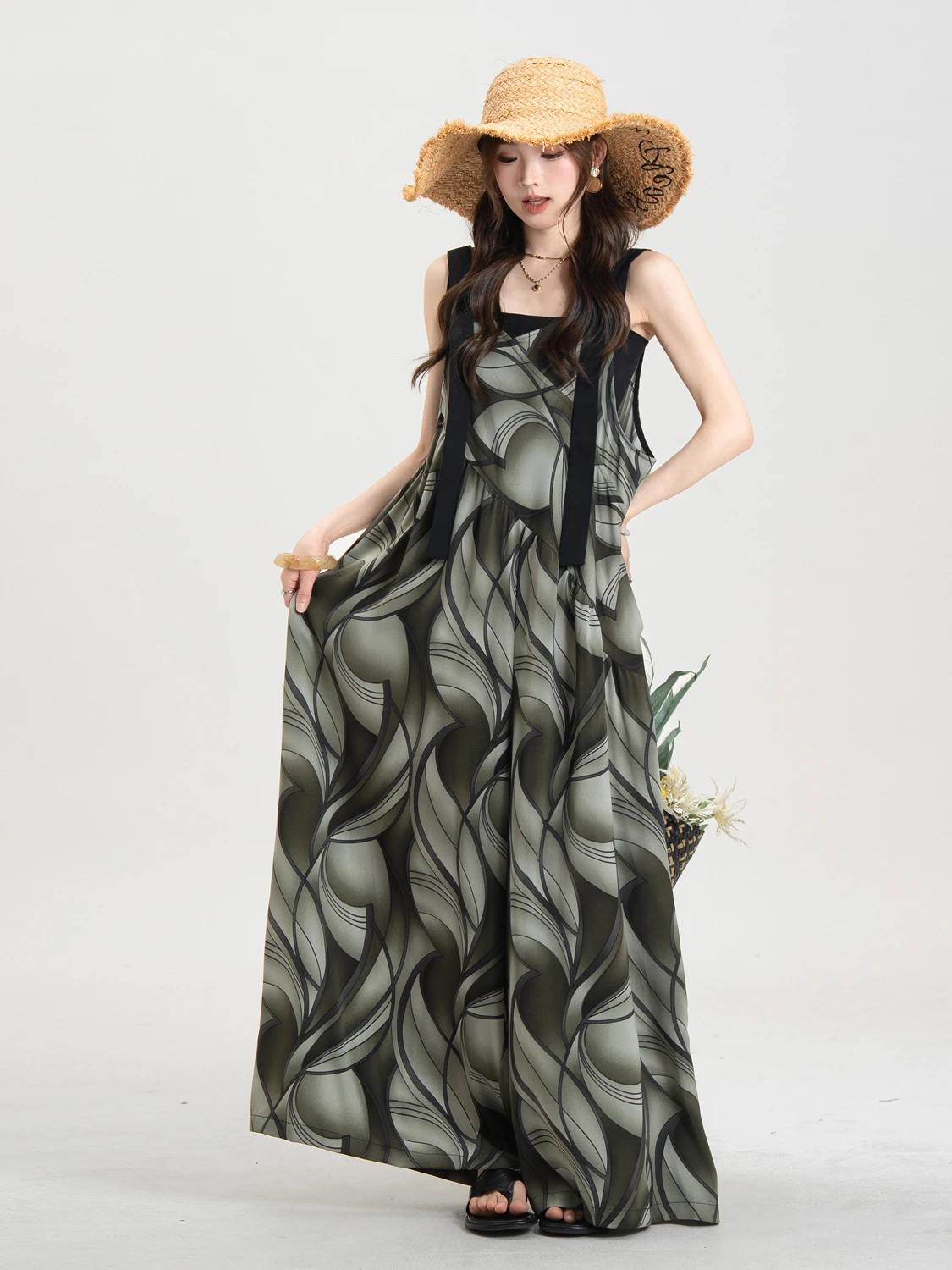 Oversize Casual Lazy Style Women's Romper Summer Loose Smoke Green Strap Wide Leg Pants High Waist Polyester Fiber Printed
Oversize Casual Lazy Style Women's Romper Summer Loose Smoke Green Strap Wide Leg Pants High Waist Polyester Fiber Printed