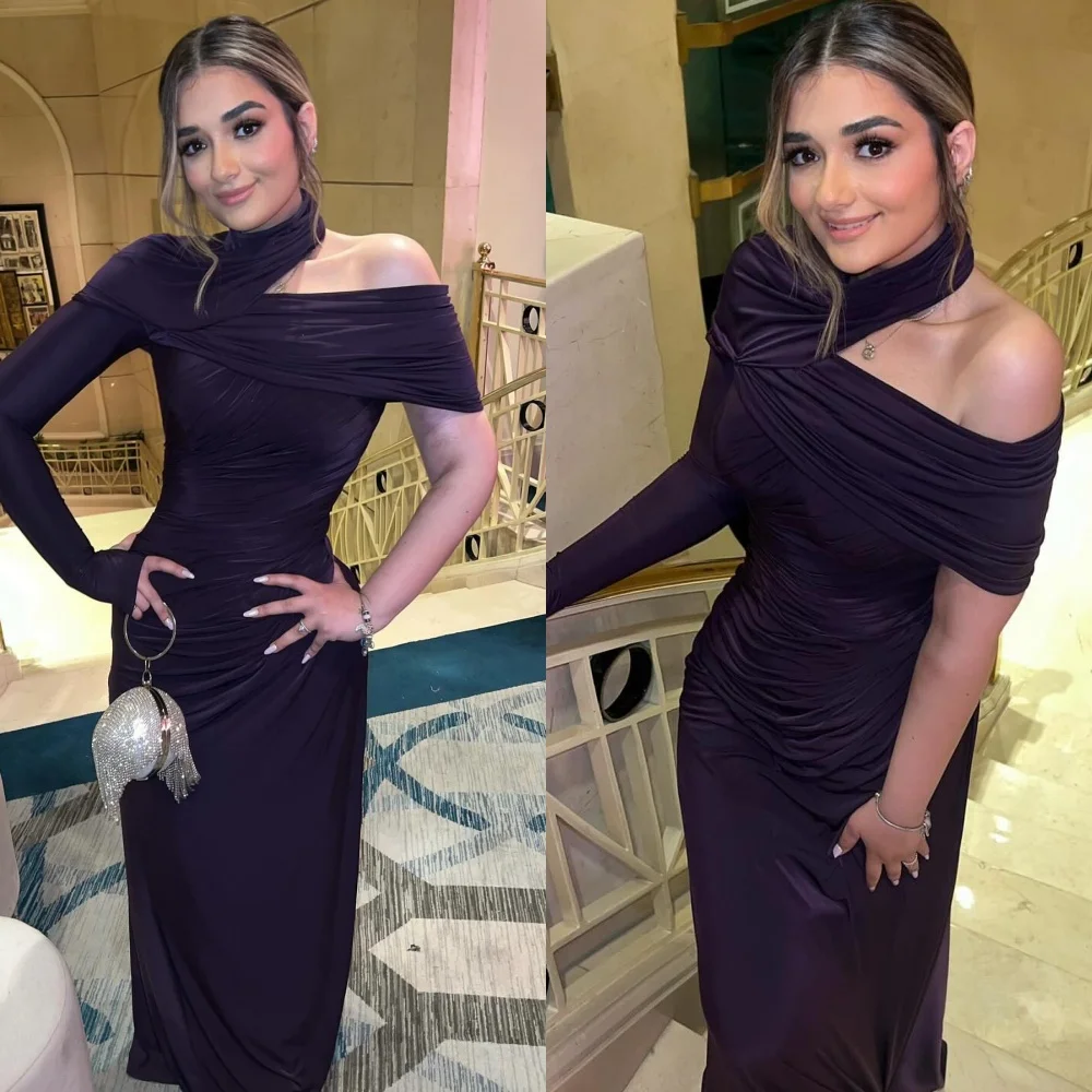 Customized Simple One Shoulder Long Sleeves Fashion Jersey Ruched Prom Dresses Temperament Purple Bespoke Occasion Gowns 
Customized Simple One Shoulder Long Sleeves Fashion Jersey Ruched Prom Dresses Temperament Purple Bespoke Occasion Gowns