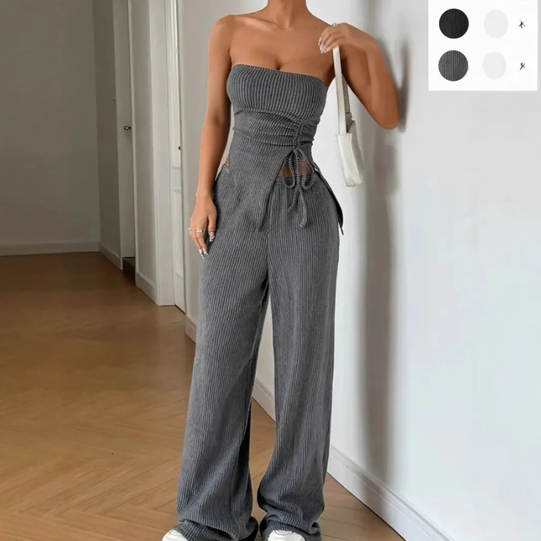 2 Pieces Set For Woman Sleeveless Crop Top Wide Leg Trousers High Waist Black Long Pants Gray Straight Leg Pants Solid Color
2 Pieces Set For Woman Sleeveless Crop Top Wide Leg Trousers High Waist Black Long Pants Gray Straight Leg Pants Solid Color