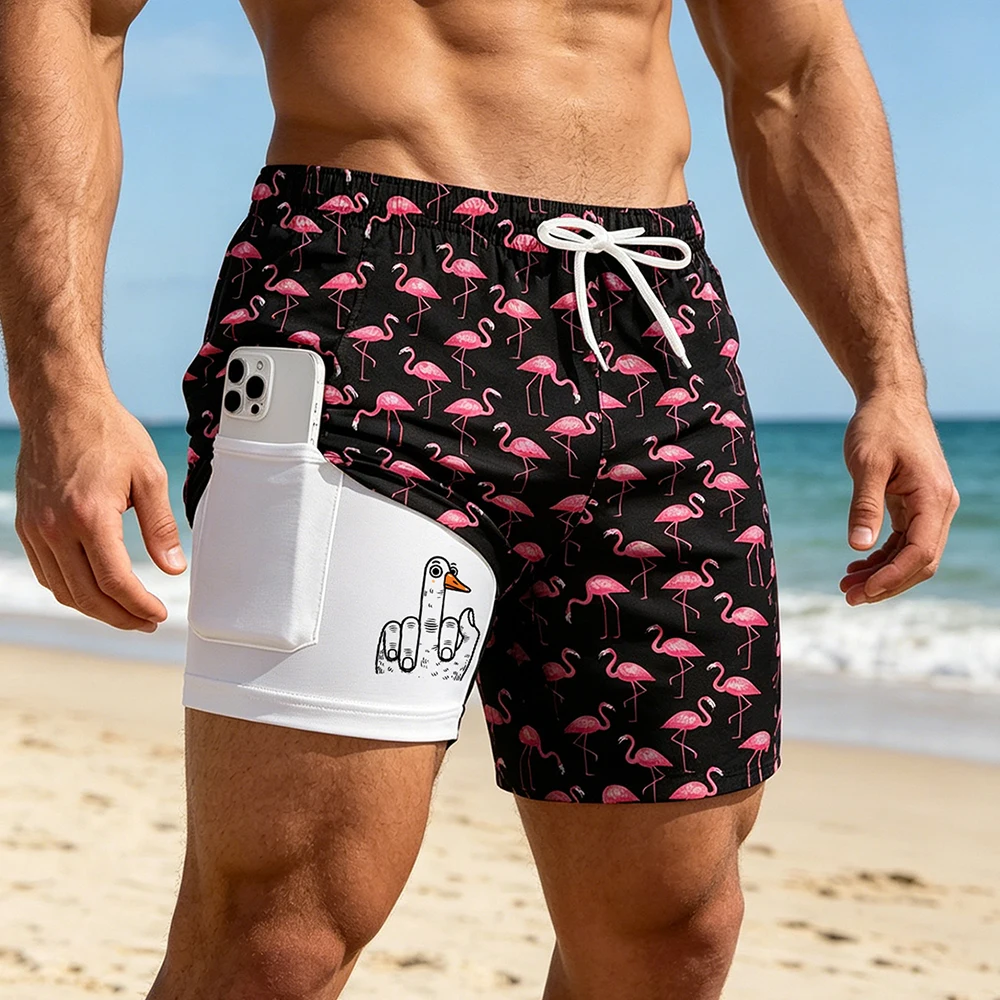 Summer Men's 3D Graphic Double-Layer Swim Trunks with Phone Pocket Casual Quick Dry Beach Shorts Funny Middle Finger Goose Print
Summer Men's 3D Graphic Double-Layer Swim Trunks with Phone Pocket Casual Quick Dry Beach Shorts Funny Middle Finger Goose Print