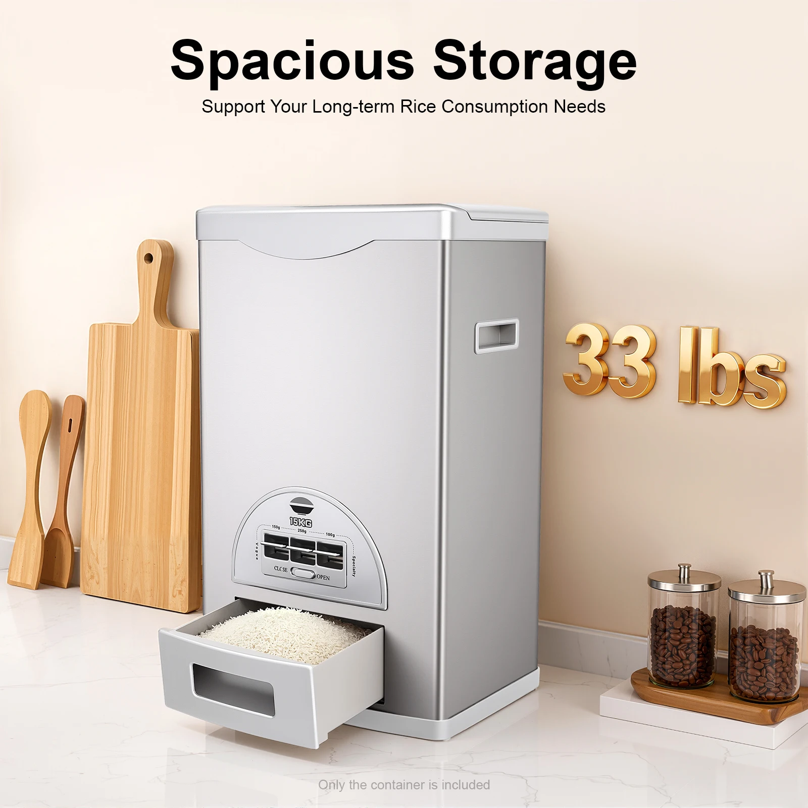 Rice Dispenser 15KG Silver Stainless Steel Sealed Automatic Rice Storage Container Kitchen Pantry Food Organizer
Rice Dispenser 15KG Silver Stainless Steel Sealed Automatic Rice Storage Container Kitchen Pantry Food Organizer
