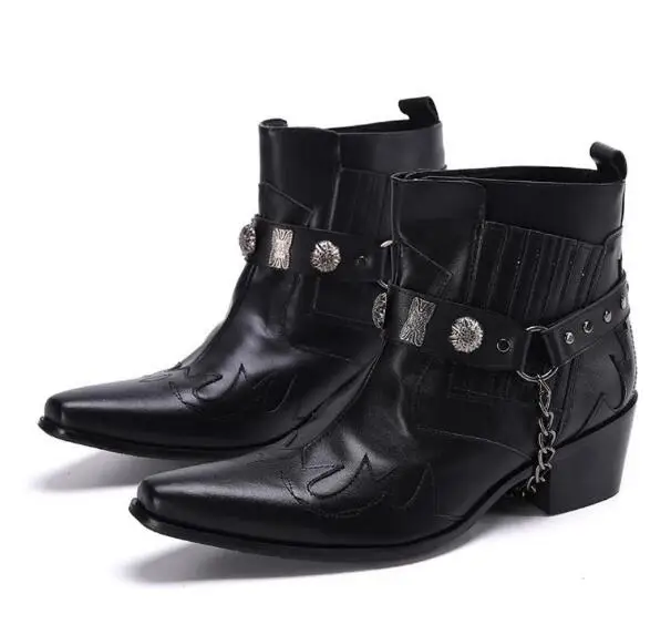 British Style Black Grey Blue Genuine Leather Pointed Toe Metal Chain Print Chelsea Short Ankle Boots Men Rivet Nail Decor Shoes
British Style Black Grey Blue Genuine Leather Pointed Toe Metal Chain Print Chelsea Short Ankle Boots Men Rivet Nail Decor Shoes