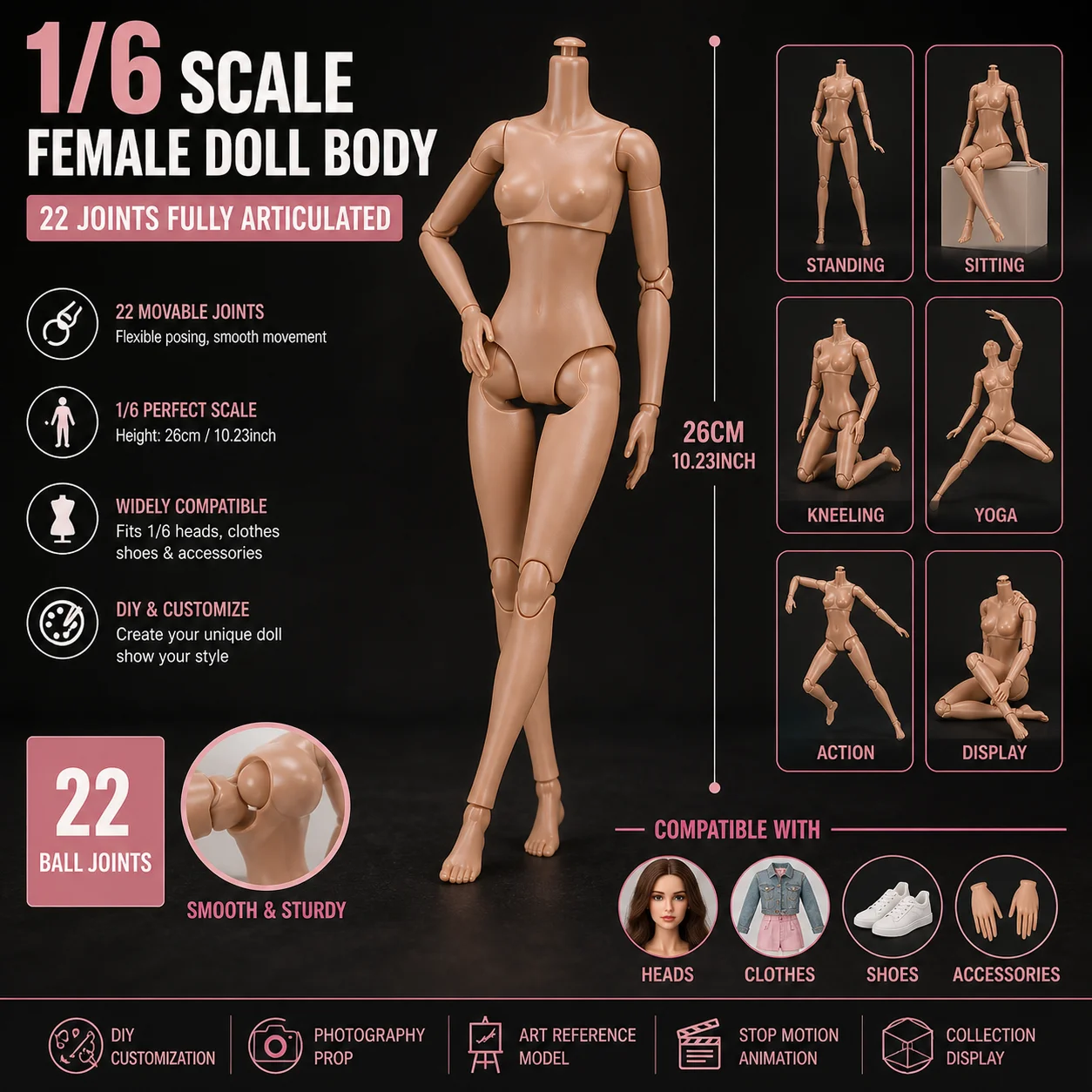22 Jointed 1/6 Female Doll Body Flexible BJD Figure Style Nude Model For DIY Dress Up Photography
22 Jointed 1/6 Female Doll Body Flexible BJD Figure Style Nude Model For DIY Dress Up Photography