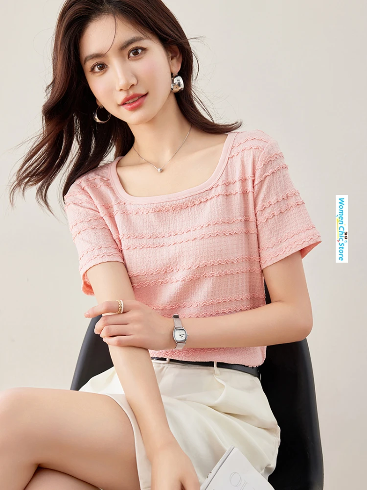 Womens Tops Short Sleeve Square Collar Pink T Shirts 2024 Summer Thin Elegant Sweet Casual Loose Tees Shirt Female D5091
Womens Tops Short Sleeve Square Collar Pink T Shirts 2024 Summer Thin Elegant Sweet Casual Loose Tees Shirt Female D5091