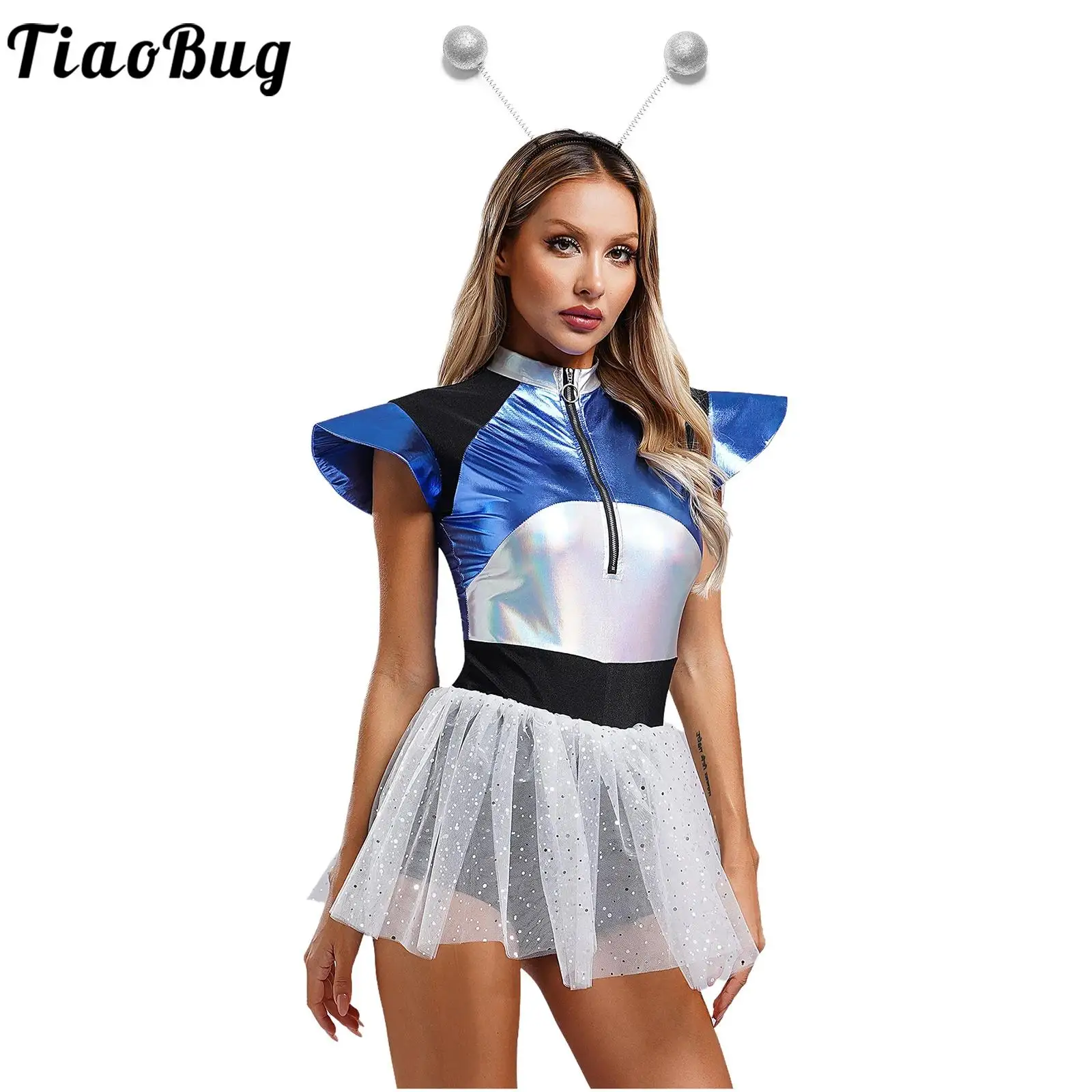 Womans Outerspace Astronaut Costume Outfits Metallic Cap Sleeve Tulle Skirted Tutu Dance Dress for Halloween Alien Robot Cosplay 
Womans Outerspace Astronaut Costume Outfits Metallic Cap Sleeve Tulle Skirted Tutu Dance Dress for Halloween Alien Robot Cosplay