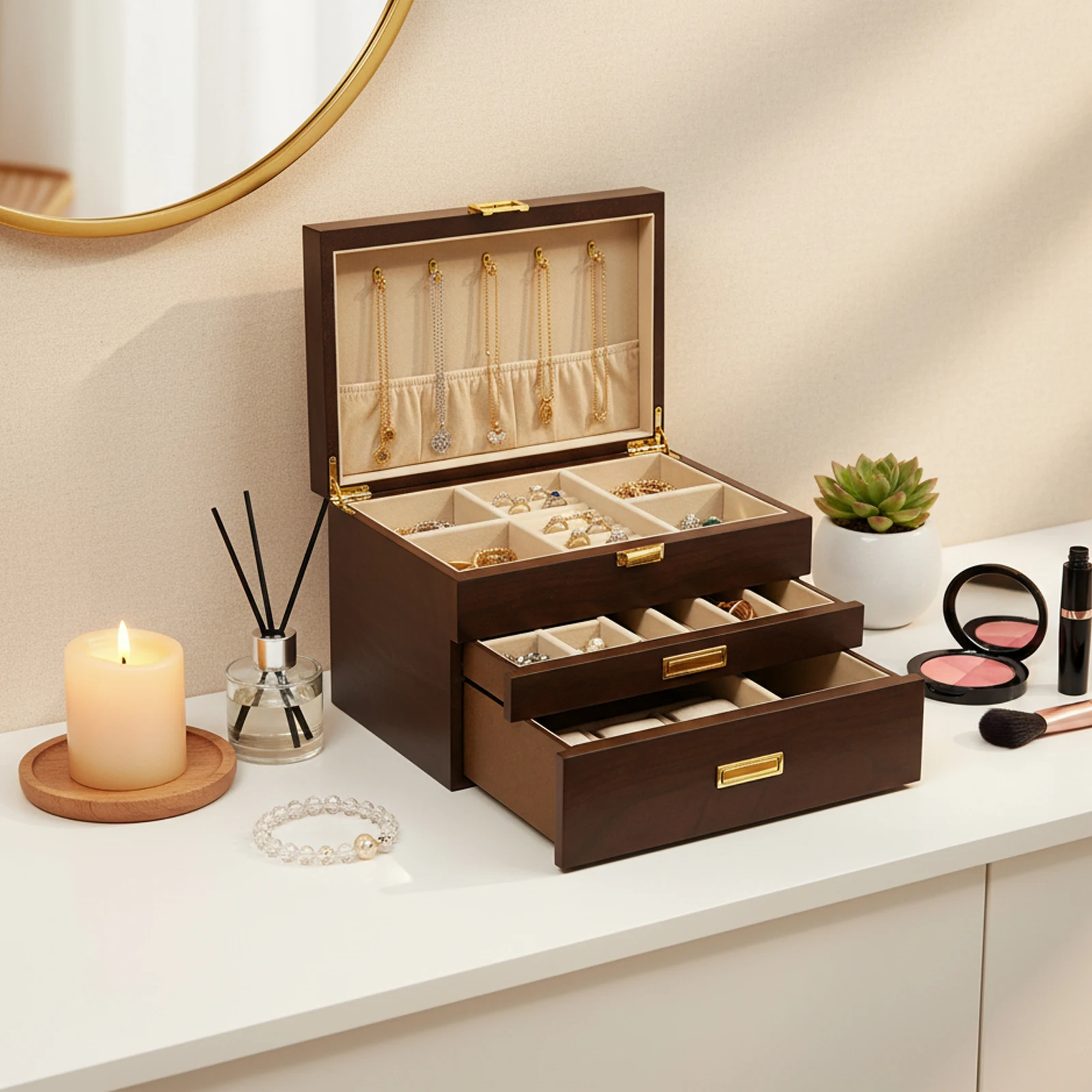 3 Layer Jewelry Organizer Drawer Jewelry Box Multifunctional Earrings Bracelet Ring Jewelry Case Display Box Black Walnut
3 Layer Jewelry Organizer Drawer Jewelry Box Multifunctional Earrings Bracelet Ring Jewelry Case Display Box Black Walnut