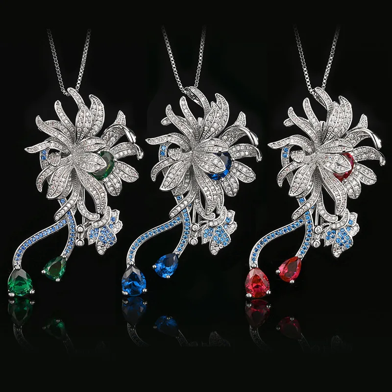 Luxury Flower Pendant Dual Use Necklace with Red Green Blue Cubic Zirconia Floral Brooch Pin for Women Wedding Party Jewelry
Luxury Flower Pendant Dual Use Necklace with Red Green Blue Cubic Zirconia Floral Brooch Pin for Women Wedding Party Jewelry