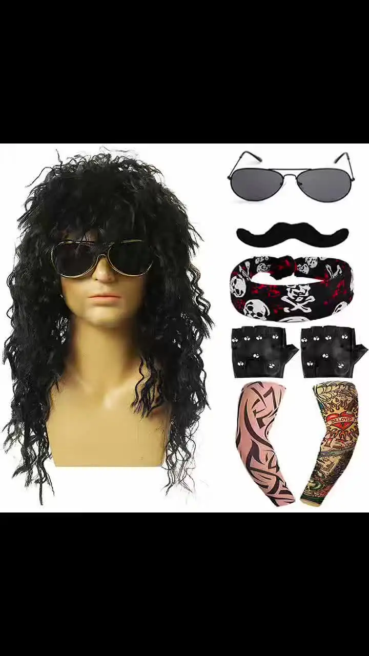 70s 80s Rocker Costume Heavy Metal Wig Men Women Hippie with Bandana Sunglasses Punk Gloves Tattoo Sleeves for Pun