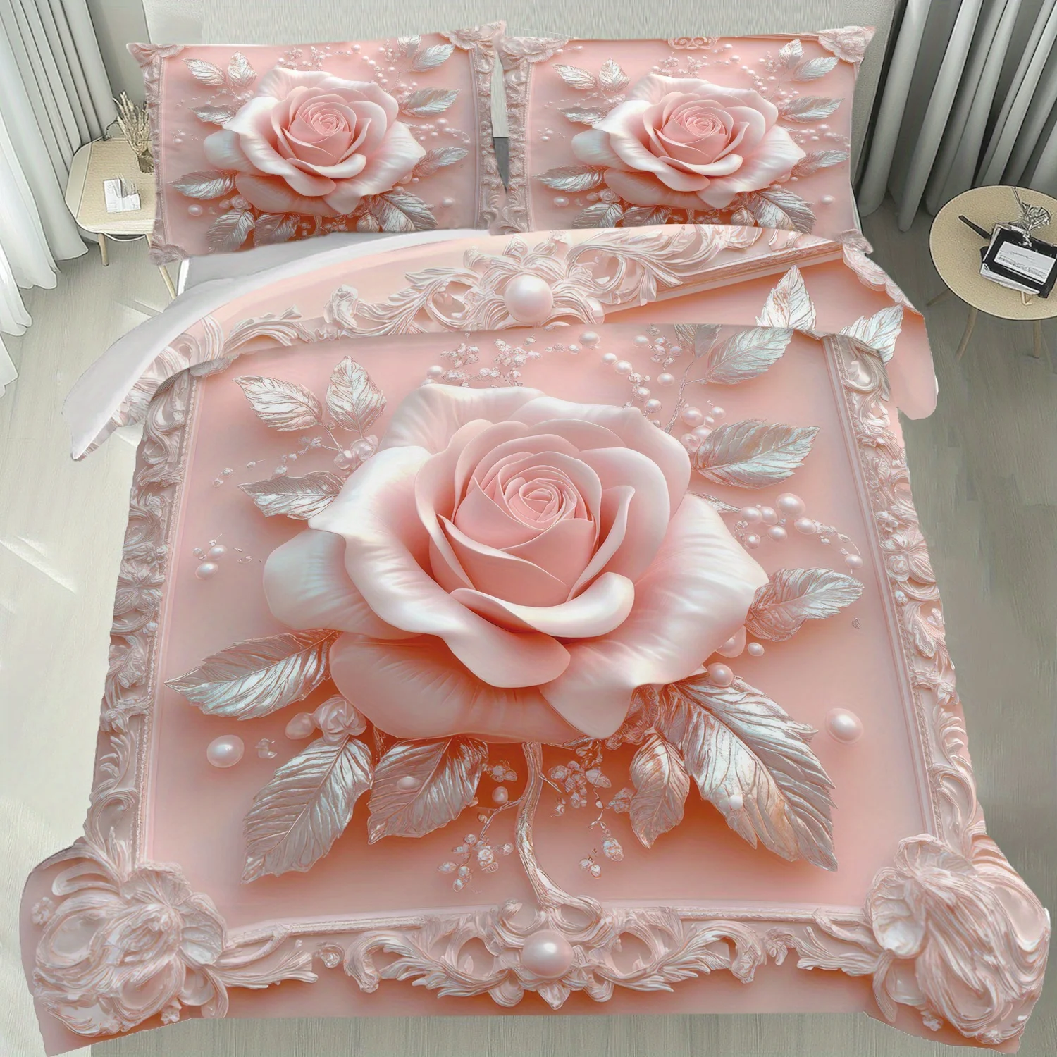 Pink Rose Silvery Leaves Pattern Duvet Cover Set Elegant Design Bedroom Decoration Machine Washable - Soft Bed Cover Set
Pink Rose Silvery Leaves Pattern Duvet Cover Set Elegant Design Bedroom Decoration Machine Washable - Soft Bed Cover Set