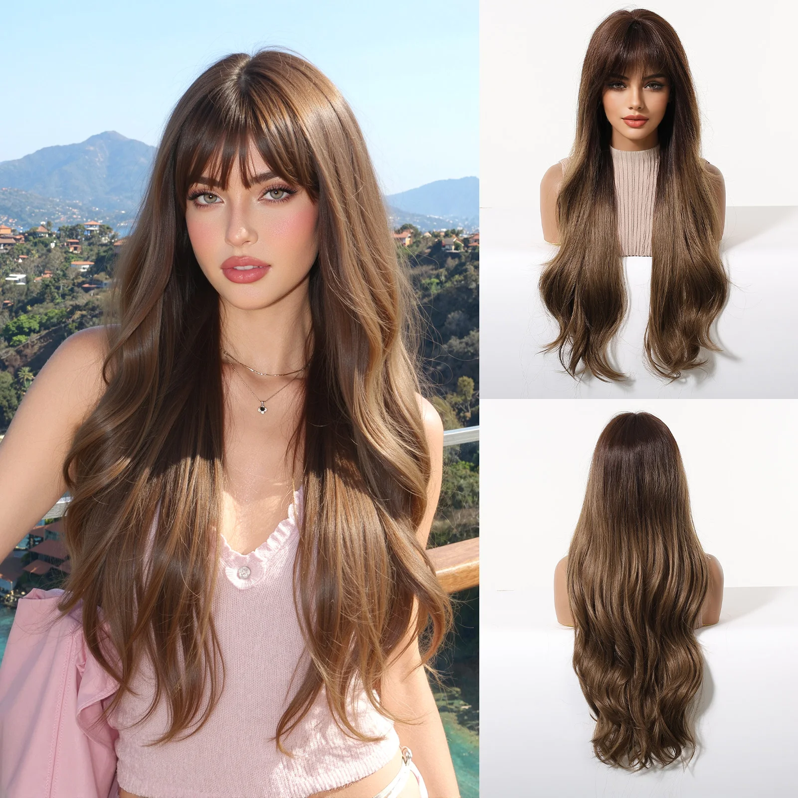 Long Wave Wig With Bangs Dark Brown Synthetic Heat Resistant Ombre Highlight Light Brown Natural Looking Daily Wear For Women
Long Wave Wig With Bangs Dark Brown Synthetic Heat Resistant Ombre Highlight Light Brown Natural Looking Daily Wear For Women