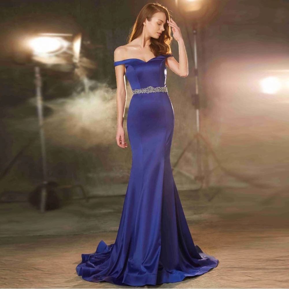 Simple Gorgeous Women's Evening Dresses Mermaid Satin Blue Shiny Beads Off Shoulder Sleeveless Prom Gowns Fashion Celebrity Form
Simple Gorgeous Women's Evening Dresses Mermaid Satin Blue Shiny Beads Off Shoulder Sleeveless Prom Gowns Fashion Celebrity Form