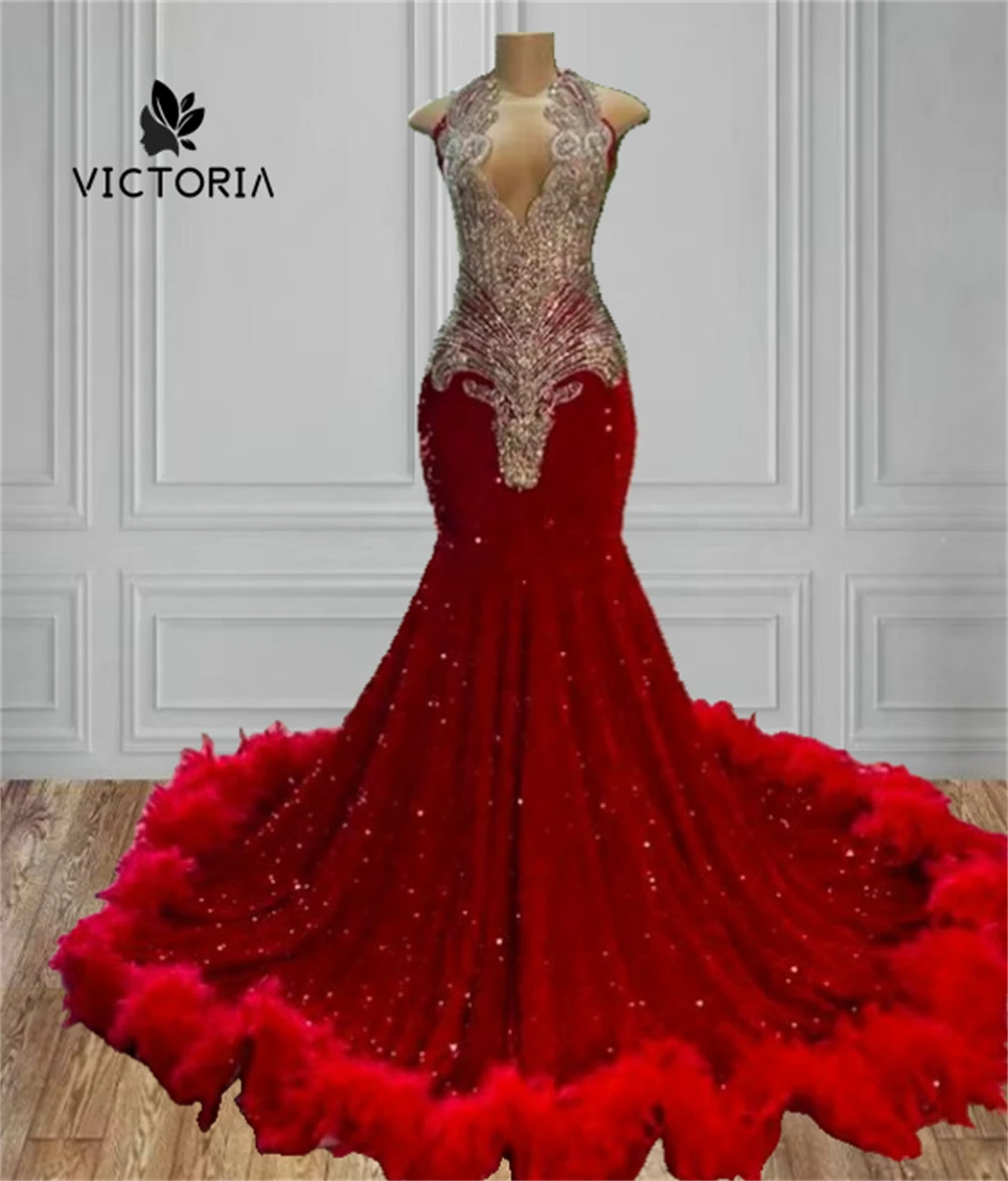 Chic Red Sequin Prom Dress Beaded Rhinestones Feathers Train Black Girl Mermaid African Wedding Gown Luxury Dress Customized
Chic Red Sequin Prom Dress Beaded Rhinestones Feathers Train Black Girl Mermaid African Wedding Gown Luxury Dress Customized