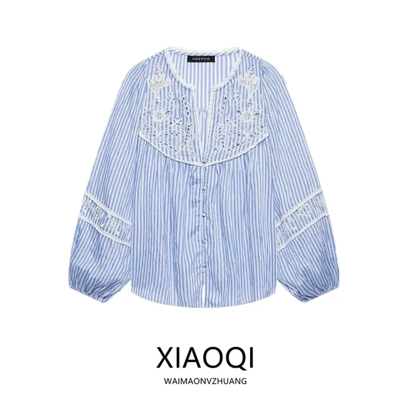 Summer 2026 Women's Shirt Hollow out Lace Embroidery Decorative Striped Top Loose Fit Bubble Sleeve V-Neck Long Sleeve Blouse
Summer 2026 Women's Shirt Hollow out Lace Embroidery Decorative Striped Top Loose Fit Bubble Sleeve V-Neck Long Sleeve Blouse