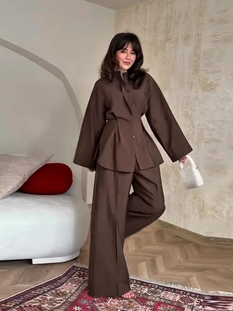 Loose Solid Shirt Pants Sets Women Single Breasted Long Sleeve Tunic Top Elastic Wide Leg Pants 2025 Summer Lady 2 Pieces Sets
Loose Solid Shirt Pants Sets Women Single Breasted Long Sleeve Tunic Top Elastic Wide Leg Pants 2025 Summer Lady 2 Pieces Sets