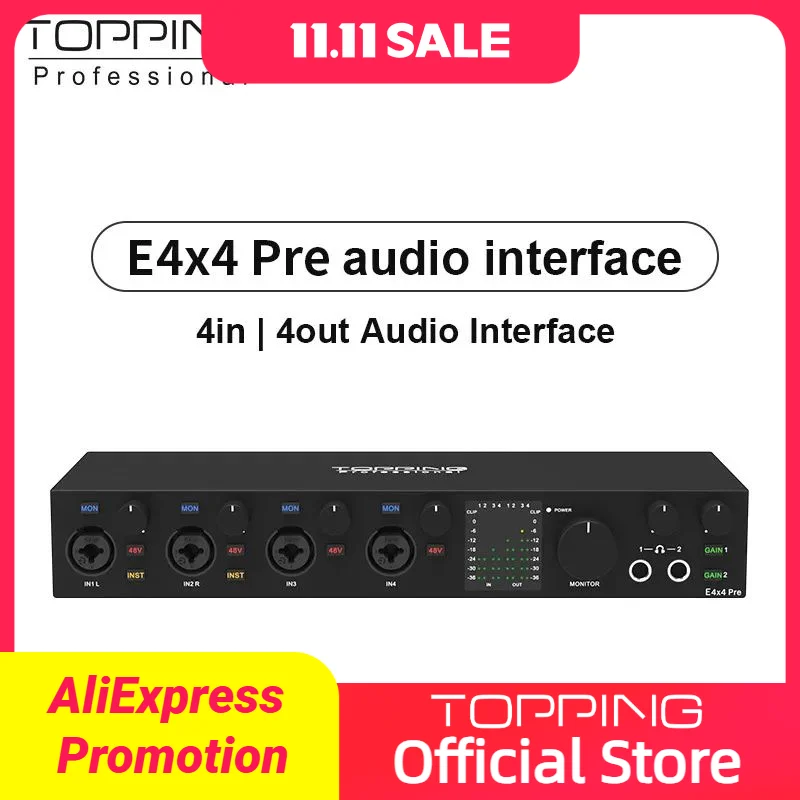 TOPPING E4x4 Pre professional audio interface computer live streaming recording mixing 8 DAW channels 4 LoopBack channels
TOPPING E4x4 Pre professional audio interface computer live streaming recording mixing 8 DAW channels 4 LoopBack channels