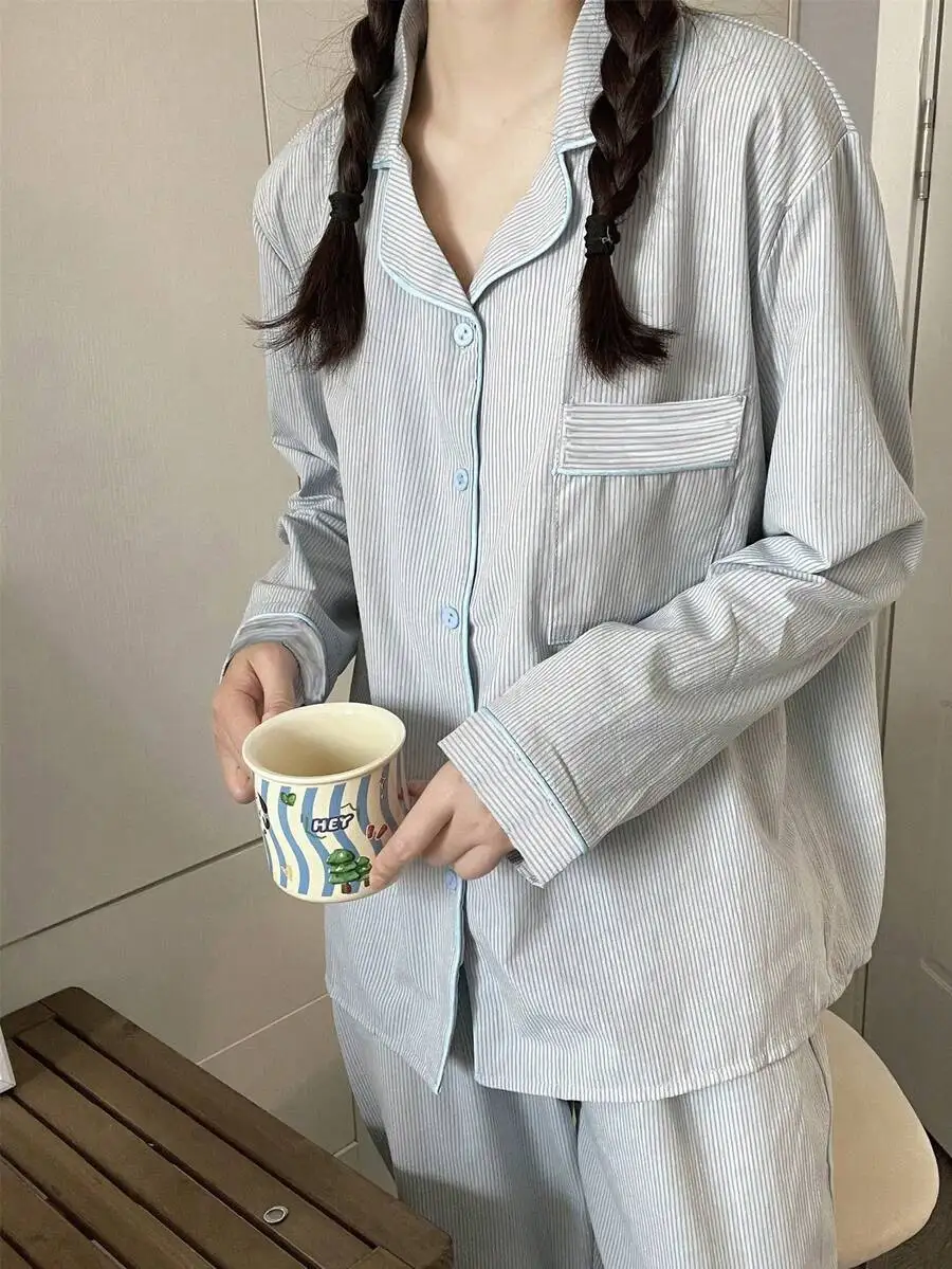 Women Blue Striped Long Sleeve Pajama Set Loose Fit Sleepwear For Spring Autumn
Women Blue Striped Long Sleeve Pajama Set Loose Fit Sleepwear For Spring Autumn