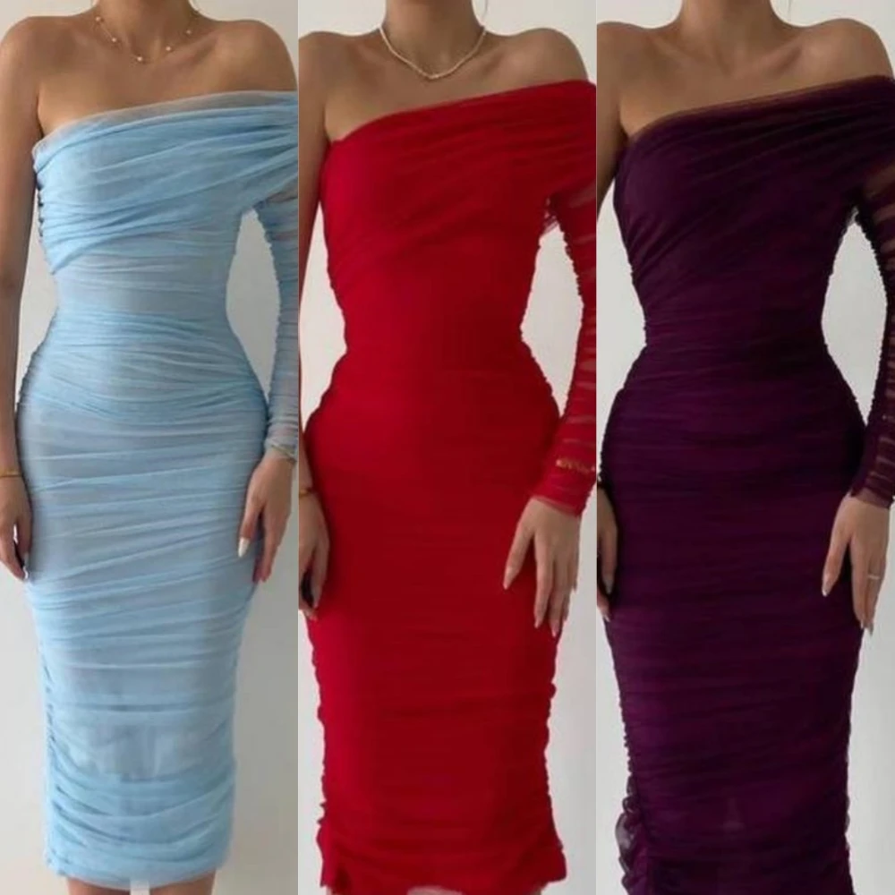 Fashion Simple One-shoulder Sheath Cocktail Dresses Shirred Hugging Skirts Net/Tulle Evening vestido de festa 2023
Fashion Simple One-shoulder Sheath Cocktail Dresses Shirred Hugging Skirts Net/Tulle Evening vestido de festa 2023