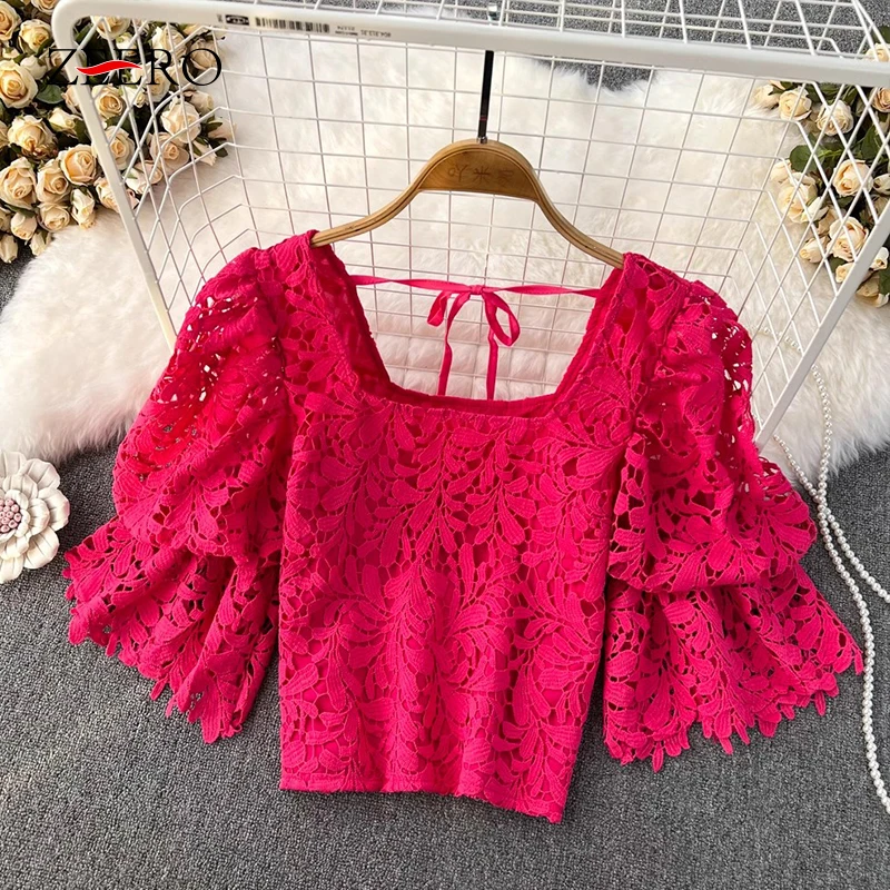 Women Summer Vintage Square Neck Hollow Out Short Lace Blouses Female Pink Puff Sleeve Lace Up Versatile Y2k Crop Top Blusas
Women Summer Vintage Square Neck Hollow Out Short Lace Blouses Female Pink Puff Sleeve Lace Up Versatile Y2k Crop Top Blusas