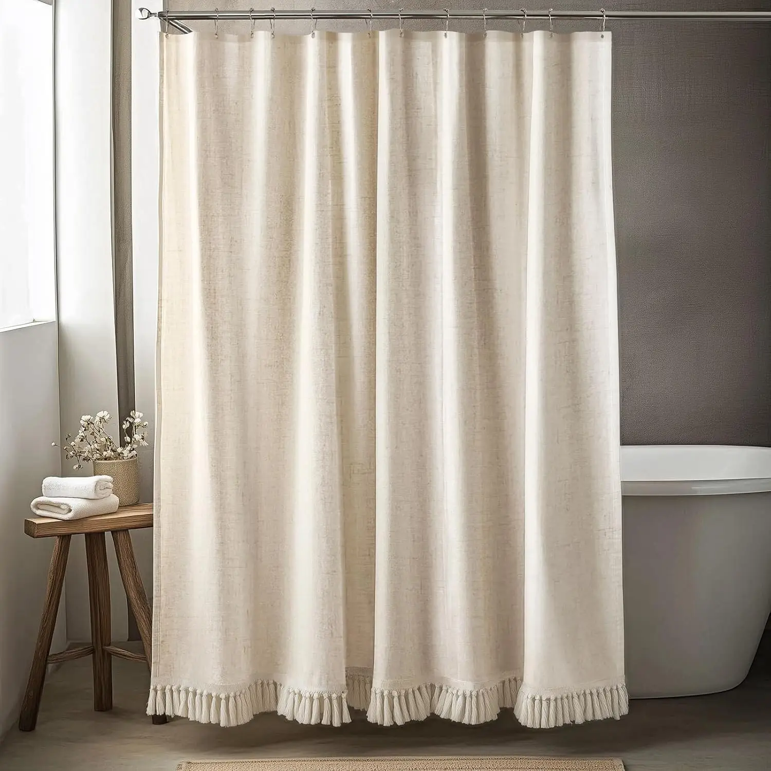 Boho Beige Linen Shower Curtain with Tassels, Thick Fabric for Rustic Farmhouse Bathroom Decor, 72 Inch
Boho Beige Linen Shower Curtain with Tassels, Thick Fabric for Rustic Farmhouse Bathroom Decor, 72 Inch