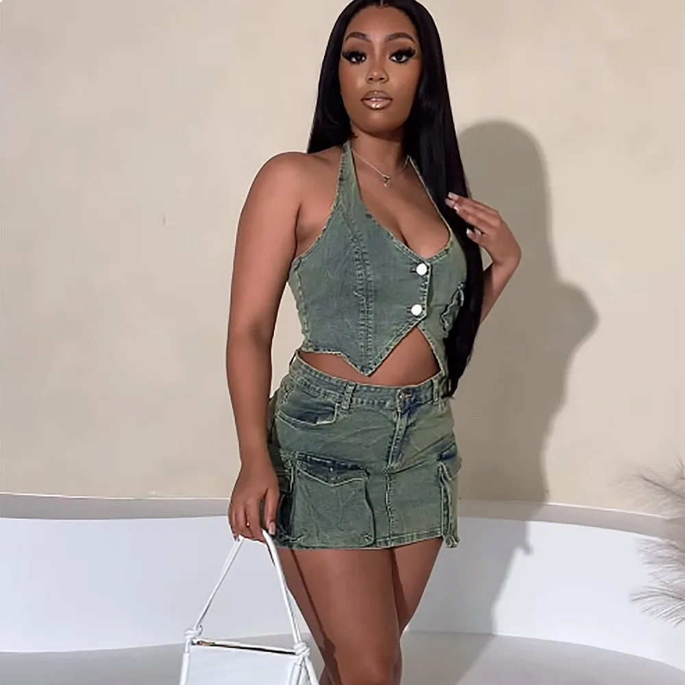 Women Denim Skirt Set Fashion Vest Camisole Top Multi Pocket Bodycon Skirt Sets
Women Denim Skirt Set Fashion Vest Camisole Top Multi Pocket Bodycon Skirt Sets