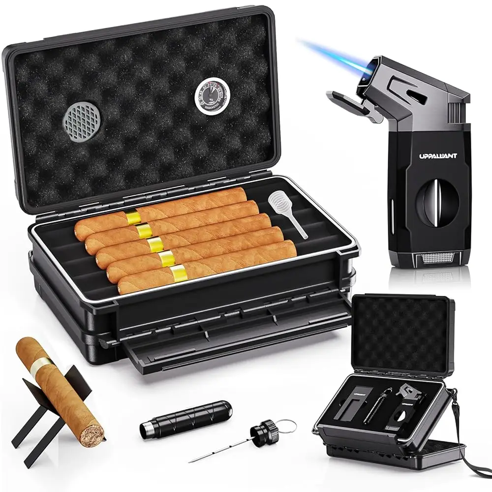 Travel Cigar Humidor Case Set, Double-sided Design, with Cigar Lighter Built-in V Cutter, 2-in-1 Cigar Draw Enhancer/Punch To
Travel Cigar Humidor Case Set, Double-sided Design, with Cigar Lighter Built-in V Cutter, 2-in-1 Cigar Draw Enhancer/Punch To