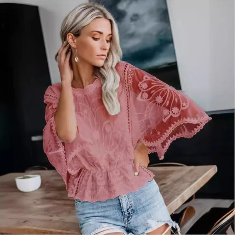 Womens New Elegance Lace Pullover T-shirt Top 2026 Summer See-through Lace Splicing Loose Bat Sleeve Shirt Short-sleeved Blouse
Womens New Elegance Lace Pullover T-shirt Top 2026 Summer See-through Lace Splicing Loose Bat Sleeve Shirt Short-sleeved Blouse