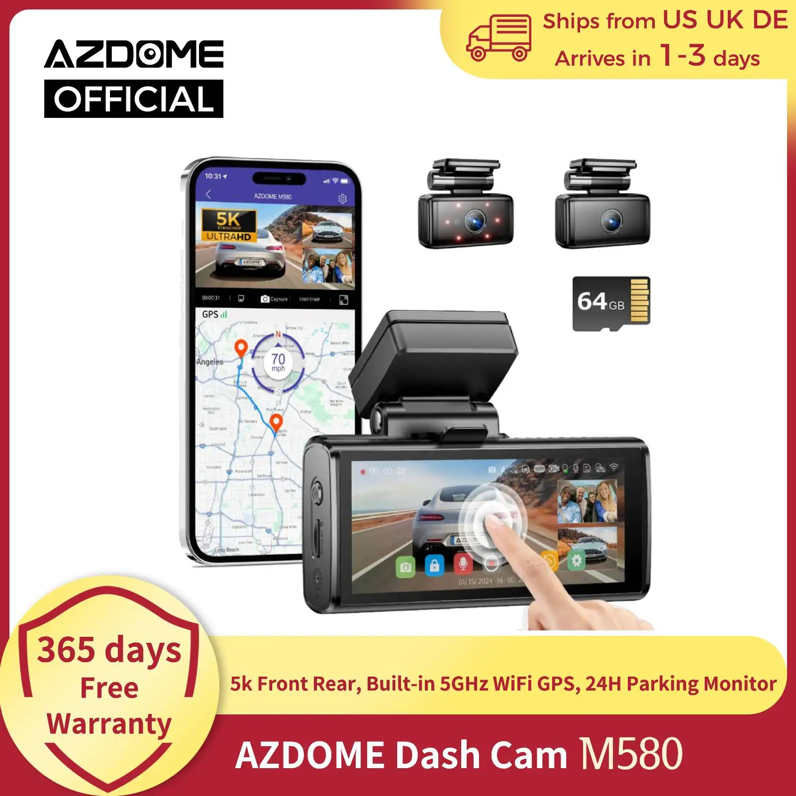 AZDOME M580 Dash Cam 5k Front Rear Car Camera Built-in 5GHz WiFi GPS 4" Touch Screen 24H Parking Monitor Night Vision Black Box
AZDOME M580 Dash Cam 5k Front Rear Car Camera Built-in 5GHz WiFi GPS 4" Touch Screen 24H Parking Monitor Night Vision Black Box