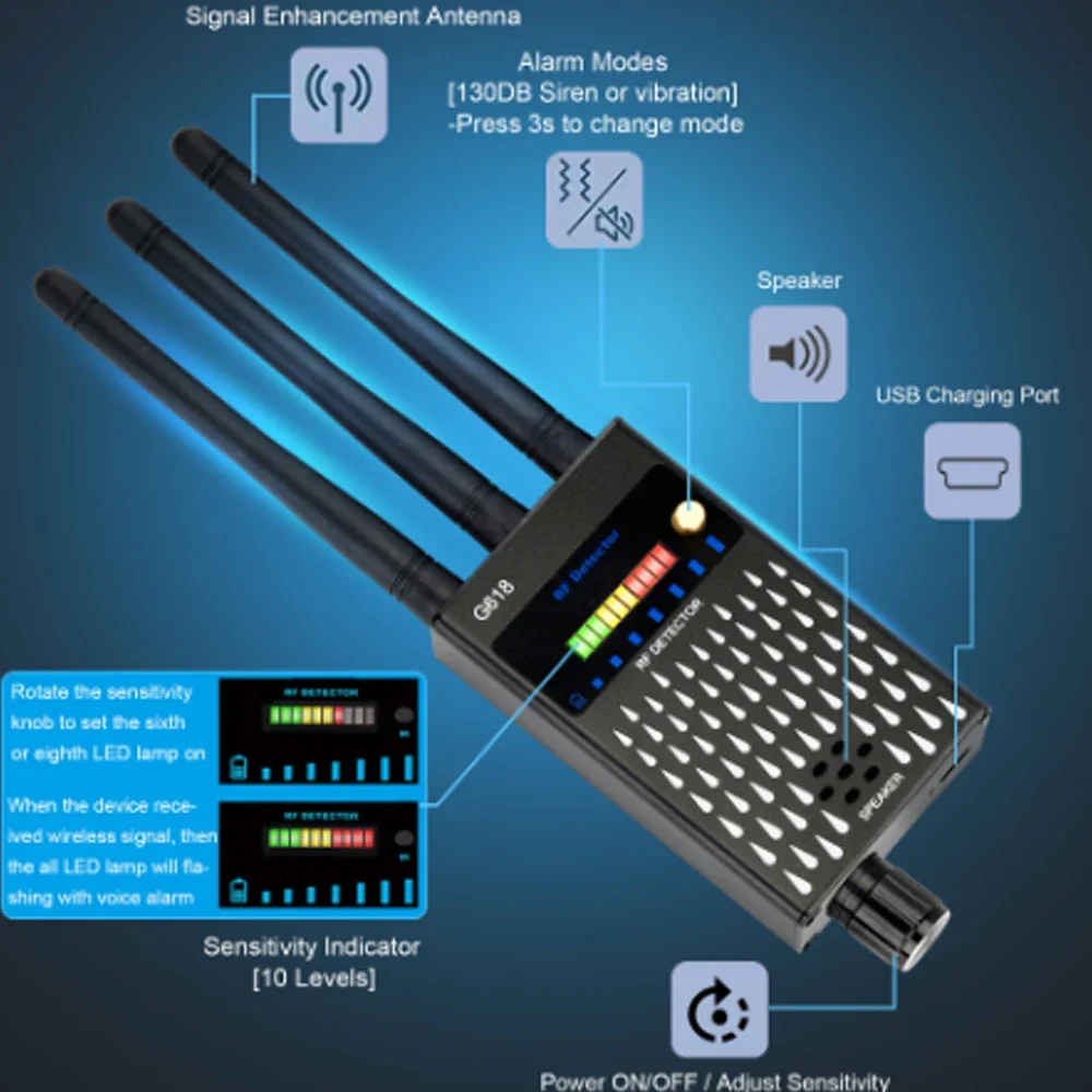 Protable G618 GPS wireless signal detector anti listening and anti peeping hidden WiFi camera detector
Protable G618 GPS wireless signal detector anti listening and anti peeping hidden WiFi camera detector