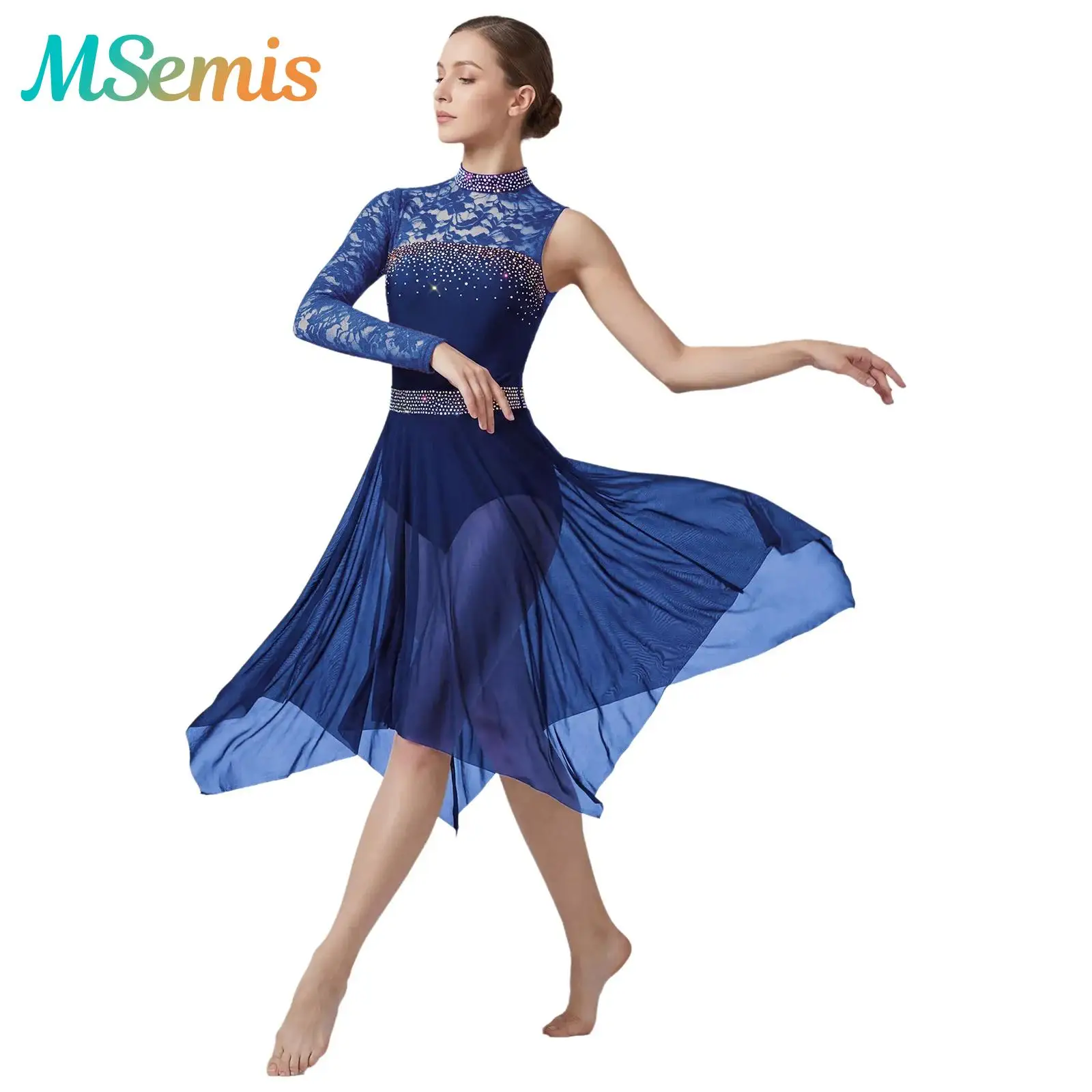 Womens Rhinestone Lace Ballet Lyrical Modern Contemporary Dance Costume Dancewear High Neck Irregular Mesh Performance Dress
Womens Rhinestone Lace Ballet Lyrical Modern Contemporary Dance Costume Dancewear High Neck Irregular Mesh Performance Dress