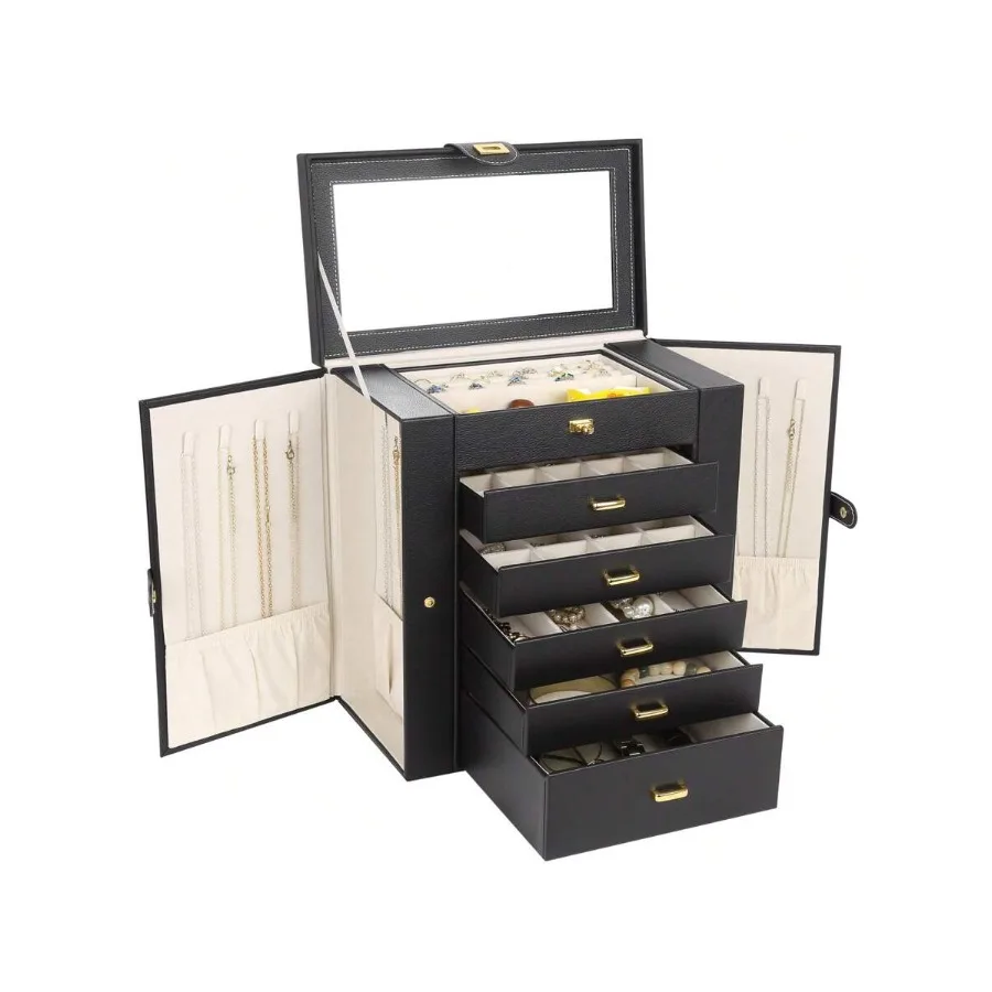 Extra Large Jewelry Box For Women, Jewelry Case PU Leather Black,6 Tier 5 Drawers Large Storage Capacity With Mirror Jewelry St
Extra Large Jewelry Box For Women, Jewelry Case PU Leather Black,6 Tier 5 Drawers Large Storage Capacity With Mirror Jewelry St