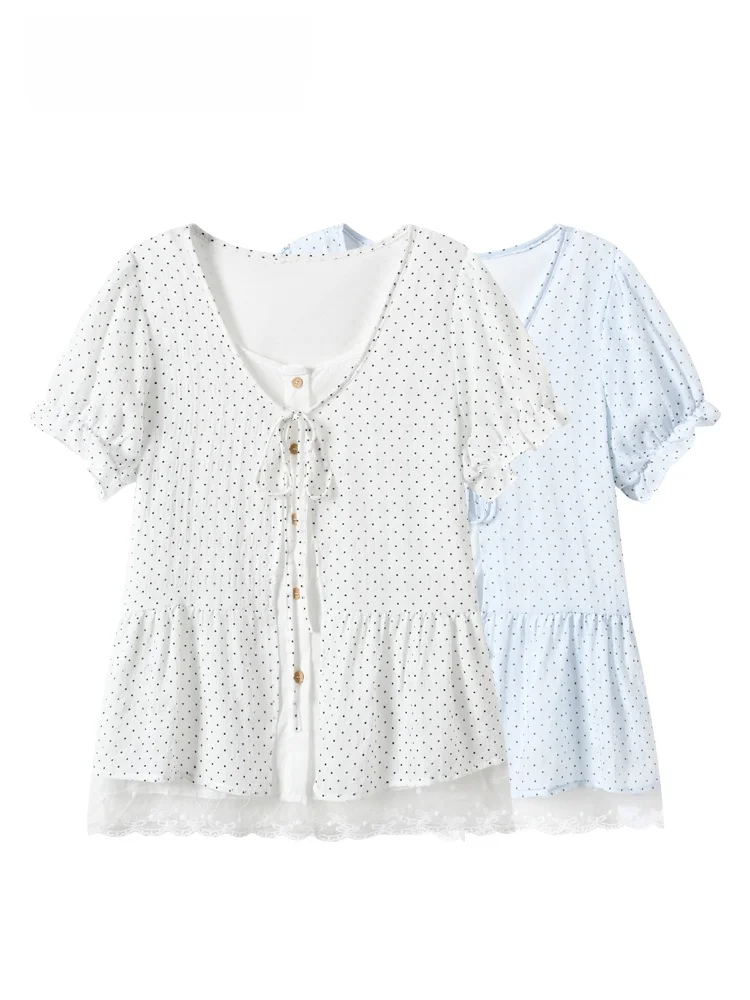 Loose Short Sleeve T-Shirt Women's Summer New plus Size Lace Splicing Korean Style Cotton V-neck Single-button Polka Dot
Loose Short Sleeve T-Shirt Women's Summer New plus Size Lace Splicing Korean Style Cotton V-neck Single-button Polka Dot