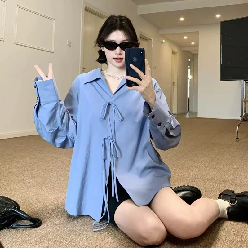 Women Harajuku Y2k Shirt Loose Casual Bow Blue Blouse V Neck Fashion Long Sleeve Street Minimalist Tops
Women Harajuku Y2k Shirt Loose Casual Bow Blue Blouse V Neck Fashion Long Sleeve Street Minimalist Tops