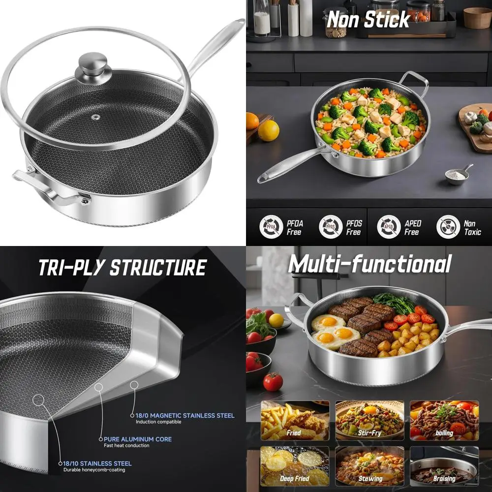 Nonstick 13.5 Inch Tri-Ply Stainless Steel Sauté Pan with Lid, 8 Quarts, Induction Compatible, Dishwasher and Oven Safe, PFOA Fr
Nonstick 13.5 Inch Tri-Ply Stainless Steel Sauté Pan with Lid, 8 Quarts, Induction Compatible, Dishwasher and Oven Safe, PFOA Fr