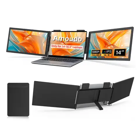 Amoudo 14 Inch Dual Laptop Monitor 1920*1080P IPS Portable Triple Monitor  with USB-C Port for 14-16.5" Laptops Windows/Mac Xbox