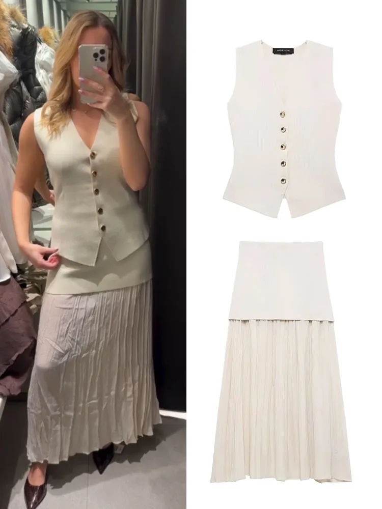 TRAFZA 2025 Women Elegant Button Sleeveless V-Neck Knitted Slim Vest Top+Fashion High Waist Splicing Zipper Long Skirt Set
TRAFZA 2025 Women Elegant Button Sleeveless V-Neck Knitted Slim Vest Top+Fashion High Waist Splicing Zipper Long Skirt Set