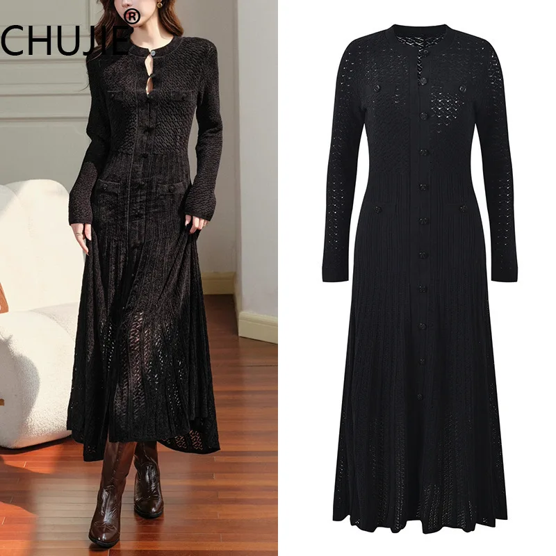 Elegant Black Knit Set - Hollow Long Dress + Inner Strap - Round Neck Single-Breasted - Viscose Blend
Elegant Black Knit Set - Hollow Long Dress + Inner Strap - Round Neck Single-Breasted - Viscose Blend
