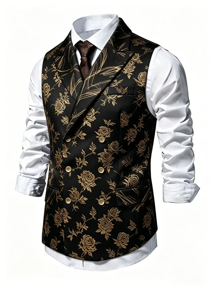Mens Slim Fit Black Gold Rose Waistcoat Double Breasted Floral Jacquard Suit Vest for Stage Party
Mens Slim Fit Black Gold Rose Waistcoat Double Breasted Floral Jacquard Suit Vest for Stage Party