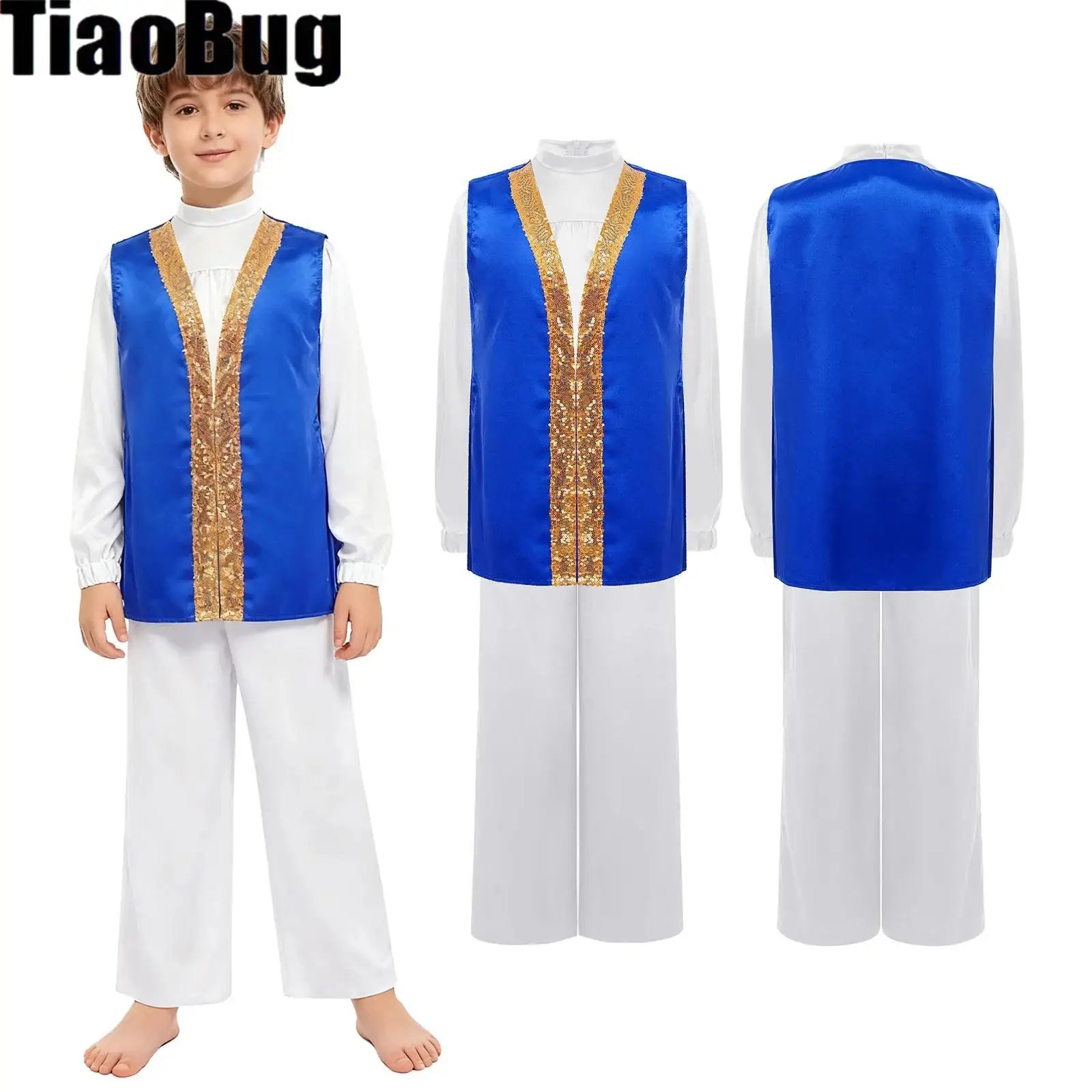 Kids Boys Praise Dance Outfits Long Sleeve Satin Top with Elastic Waistband Wide-Leg Pants And Sides Split Sequins Robe
Kids Boys Praise Dance Outfits Long Sleeve Satin Top with Elastic Waistband Wide-Leg Pants And Sides Split Sequins Robe