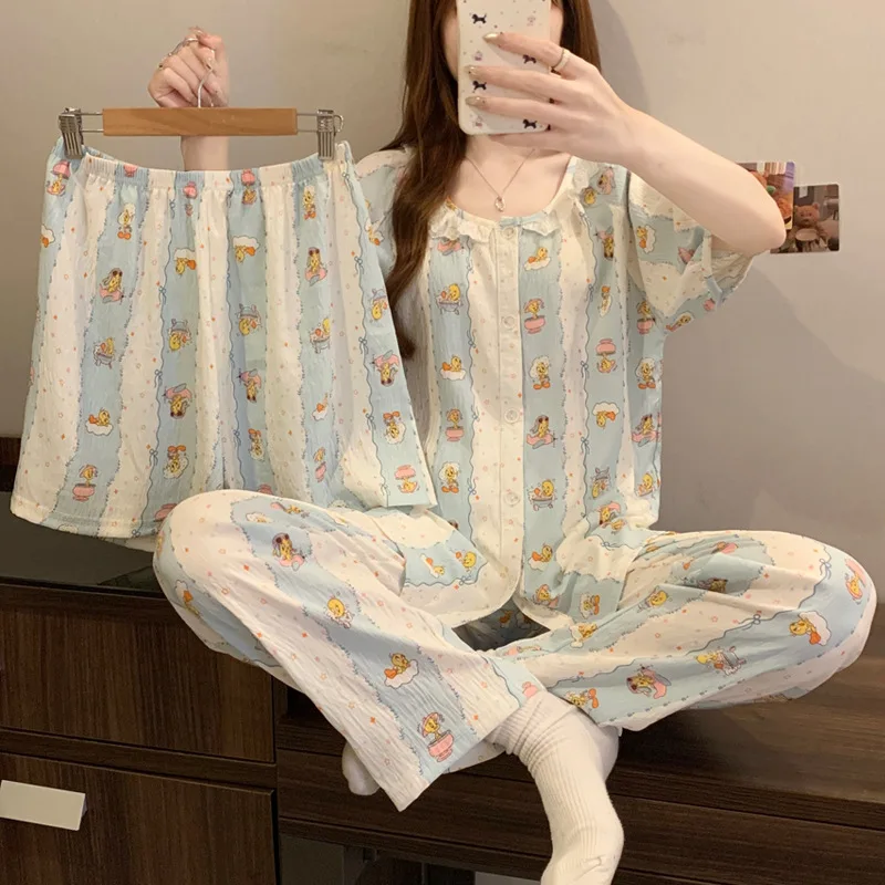 Summer New Women's Three-Piece Set of Popping Colour Collision Striped Pyjamas Girls Summer Clouds Cotton Homewear Short-Sleeved
Summer New Women's Three-Piece Set of Popping Colour Collision Striped Pyjamas Girls Summer Clouds Cotton Homewear Short-Sleeved