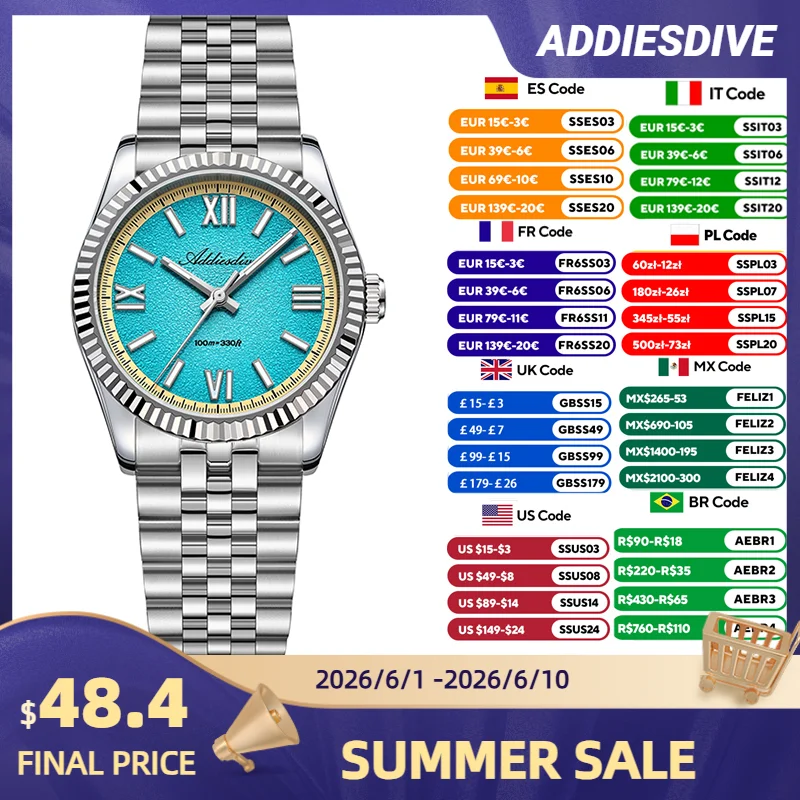 ADDIESDIVE 2025 New Dive Watch VH31 Quartz Watch 100m Waterproof Men Watch Fashion Sapphire 36mm Stainless Steel Watch AD2535
ADDIESDIVE 2025 New Dive Watch VH31 Quartz Watch 100m Waterproof Men Watch Fashion Sapphire 36mm Stainless Steel Watch AD2535