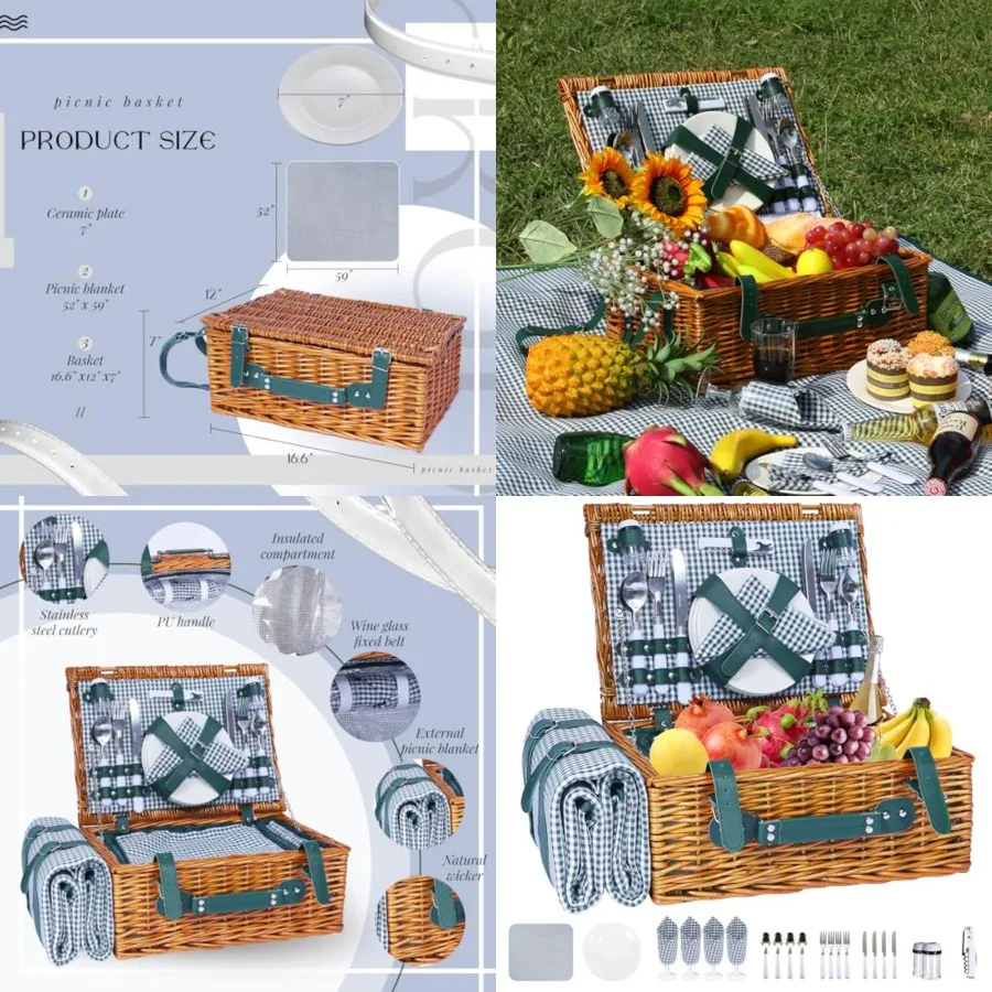 Picnic Basket Set for 4 with Waterproof Blanket Mat Insulation Bag Wicker Classic Cottagecore Gift for Christmas Thanksgiving W
Picnic Basket Set for 4 with Waterproof Blanket Mat Insulation Bag Wicker Classic Cottagecore Gift for Christmas Thanksgiving W