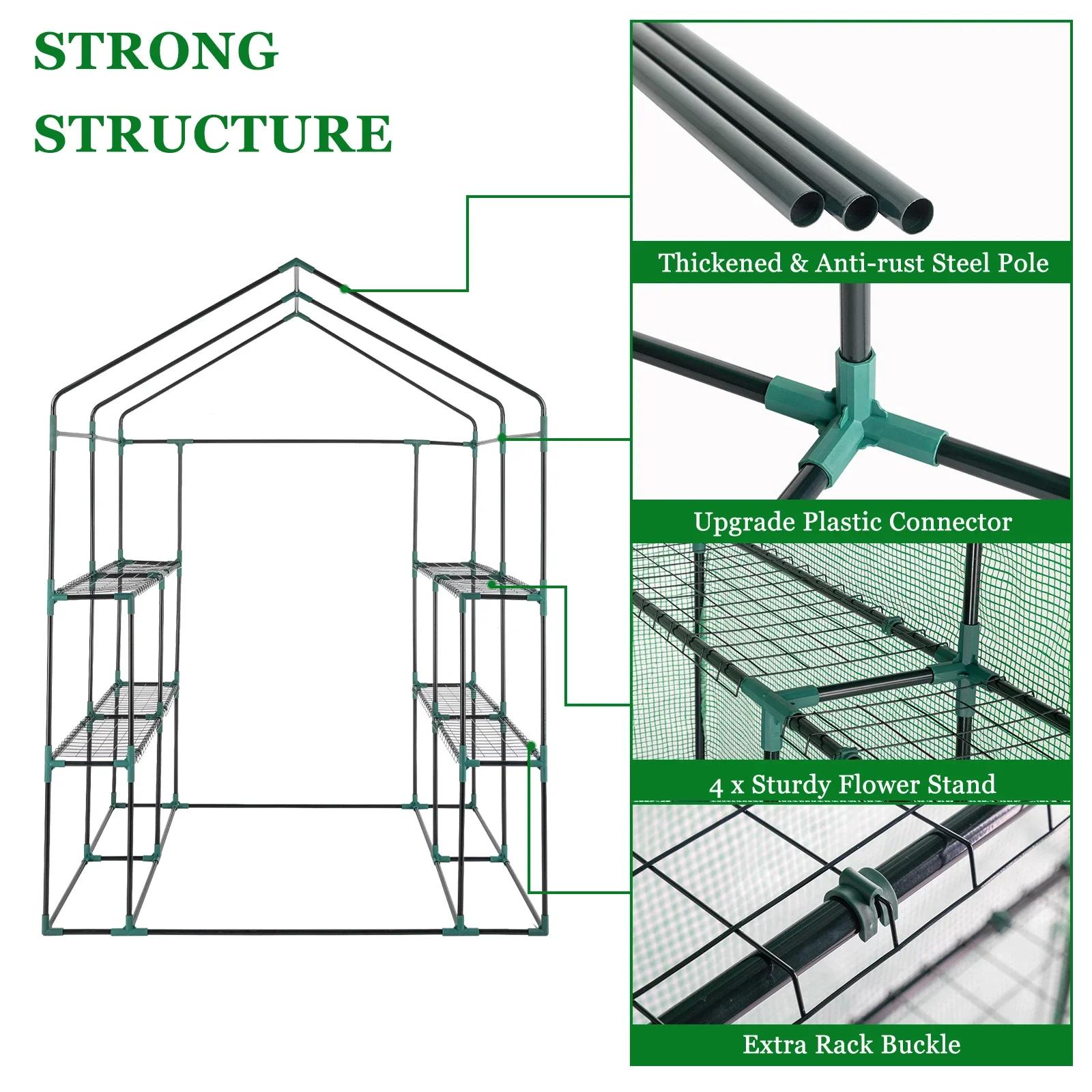 143x143x195cm Black Iron Pipe Steeple With 8 Pieces Grid Flower Stand With Zipper Rolling Door PE Cloth Greenhouse
143x143x195cm Black Iron Pipe Steeple With 8 Pieces Grid Flower Stand With Zipper Rolling Door PE Cloth Greenhouse