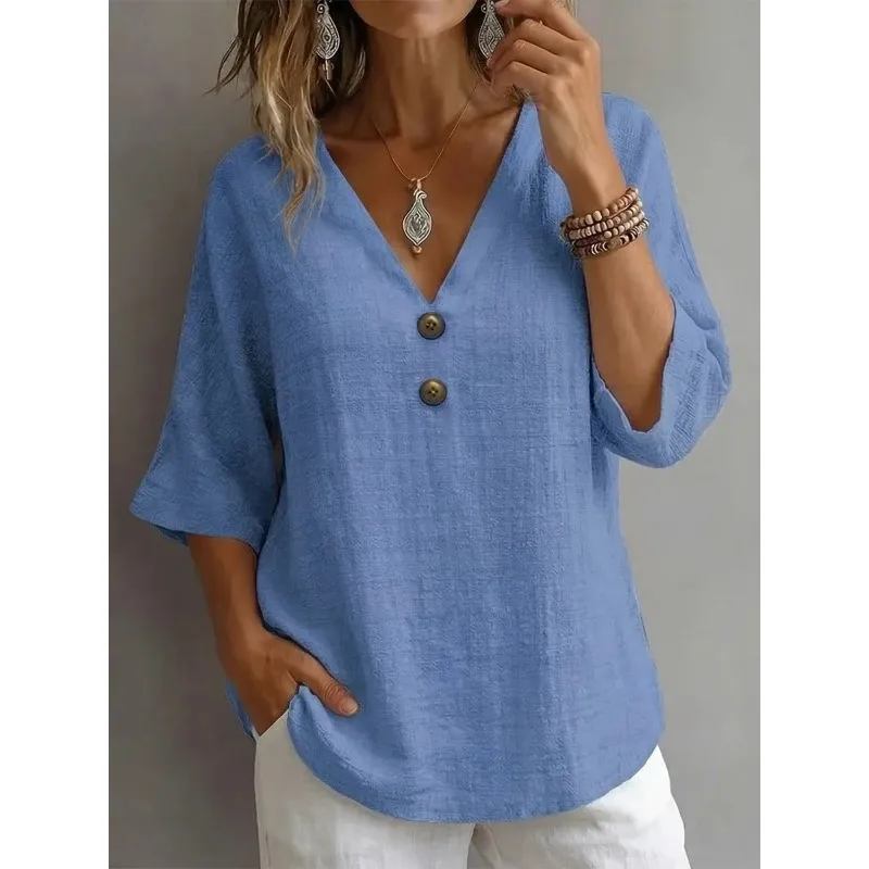 Women's Linen Blend V-Neck Blouse Half Sleeve Button Casual Loose T-Shirt for Summer
Women's Linen Blend V-Neck Blouse Half Sleeve Button Casual Loose T-Shirt for Summer