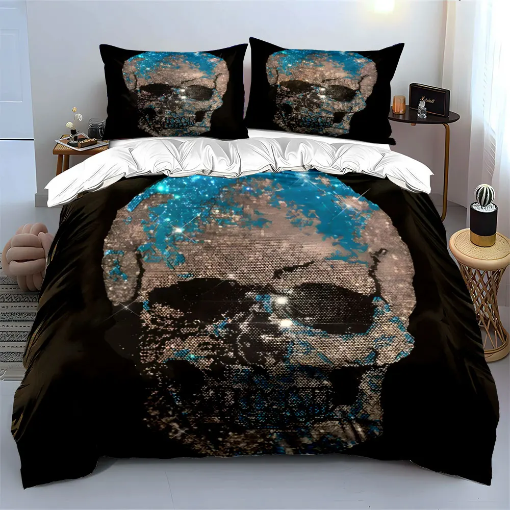 3Pcs Glitter Rhinestone Skull Bedding Set, Silver Blue Sparkle Skeleton Print 1 Duvet Cover 2 Pillowcases Single Double, Gift
3Pcs Glitter Rhinestone Skull Bedding Set, Silver Blue Sparkle Skeleton Print 1 Duvet Cover 2 Pillowcases Single Double, Gift