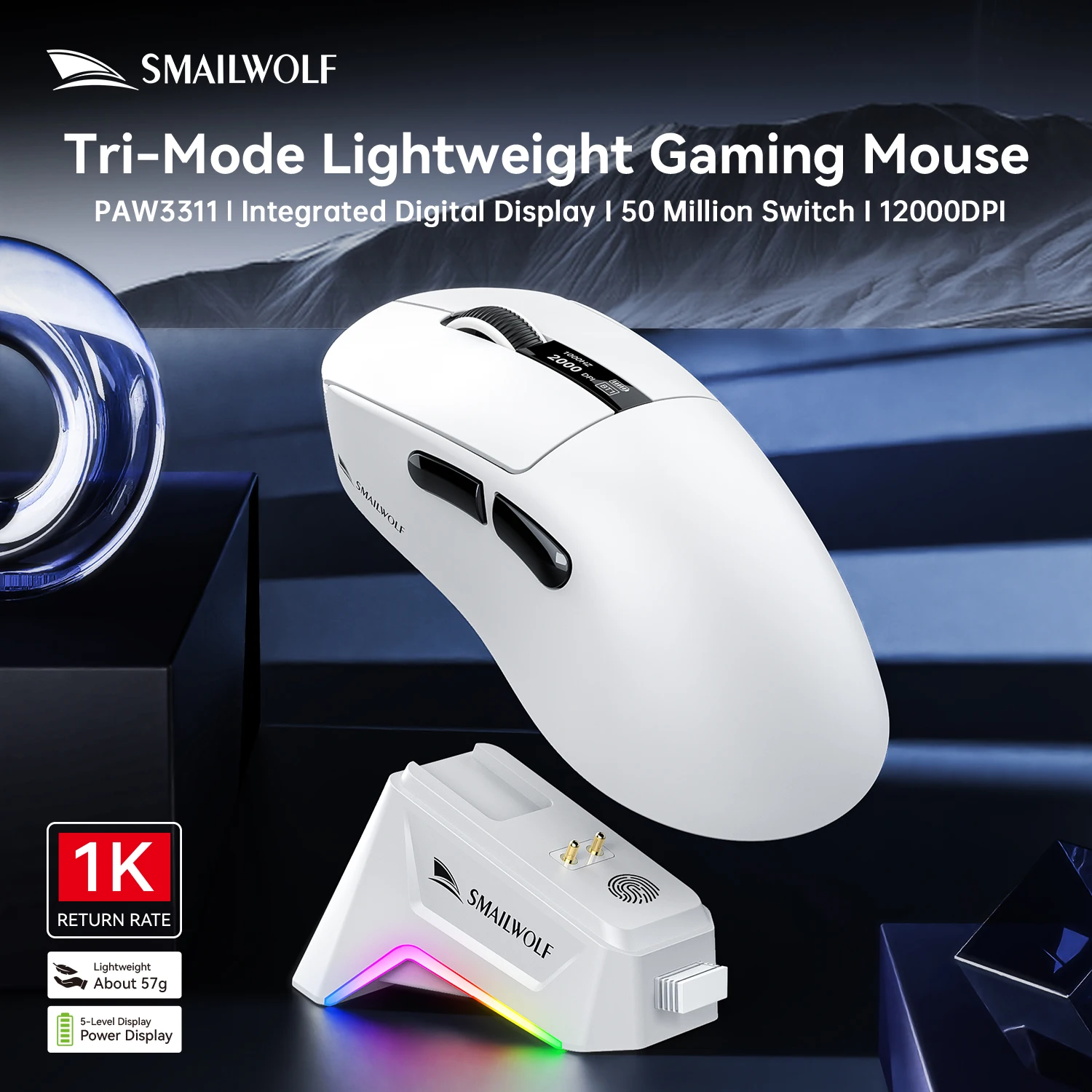 SMAILWOLF M6 Lightweight Three Mode Wireless Bluetooth Mouse PAW3311 E-sports Game Mouse with RGB Charging Seat
SMAILWOLF M6 Lightweight Three Mode Wireless Bluetooth Mouse PAW3311 E-sports Game Mouse with RGB Charging Seat