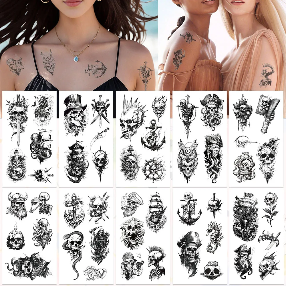 10 листов черно-белые пиратские татуировки-скелетоны наклейки для лица и тела временные водонепроницаемые татуировки наклейки DIY креативные подарки
10 листов черно-белые пиратские татуировки-скелетоны наклейки для лица и тела временные водонепроницаемые татуировки наклейки DIY креативные подарки