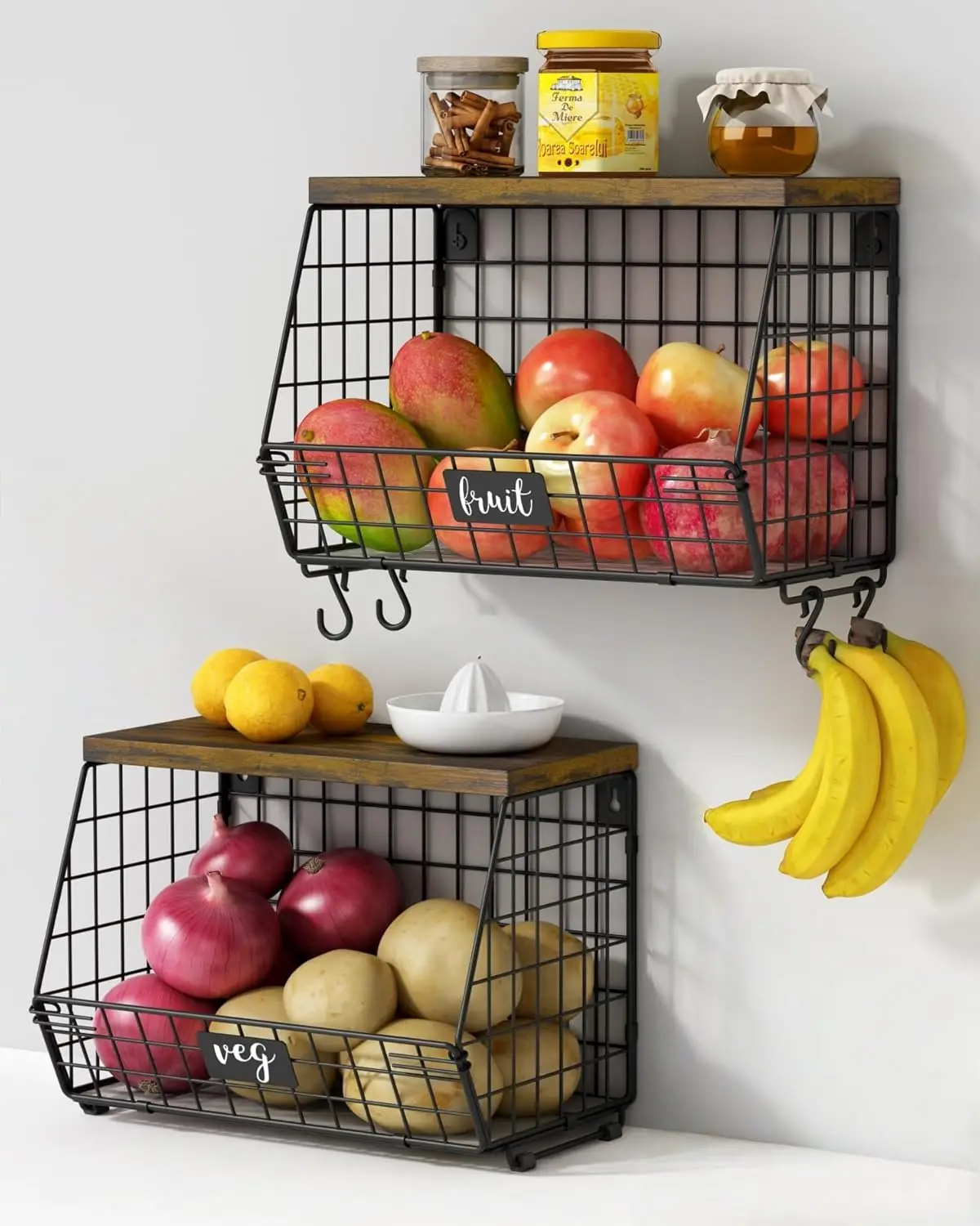 Hanging Wall Fruit Basket for Kitchen Counter 2 Pack, Stackable Wire Baskets for Organizing with Wood Lid, Potato and Onion
Hanging Wall Fruit Basket for Kitchen Counter 2 Pack, Stackable Wire Baskets for Organizing with Wood Lid, Potato and Onion
