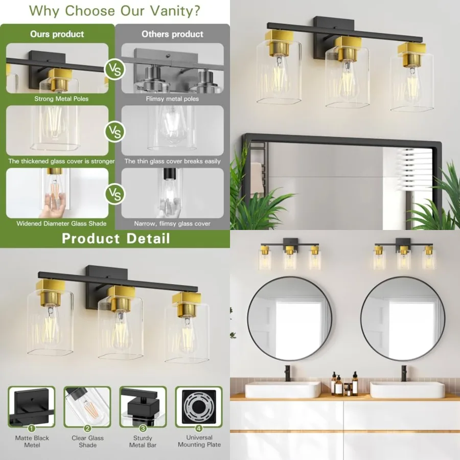 Bathroom Vanity Light, Vanity ing fixtures Over Mirror, Square Design and UL Certification, Wall Sconces with Clear Glass Shade
Bathroom Vanity Light, Vanity ing fixtures Over Mirror, Square Design and UL Certification, Wall Sconces with Clear Glass Shade